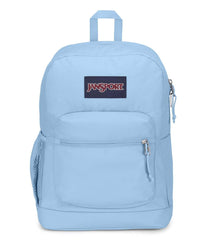 JanSport vista frontal de la mochila Blue Dusk mostrando compartimento principal y cierre, organización inmediata