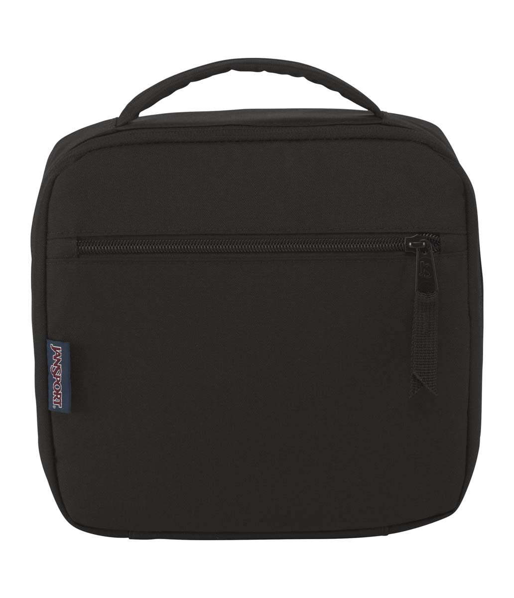 JanSport vista frontal de la Lunch Break negra mostrando su diseño compacto y cremallera