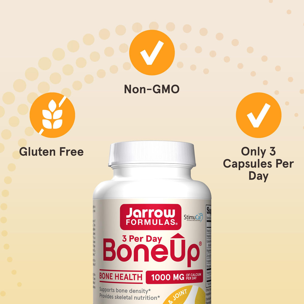 Jarrow Formulas BoneUp botella en mano para comparar tamaño y uso diario
