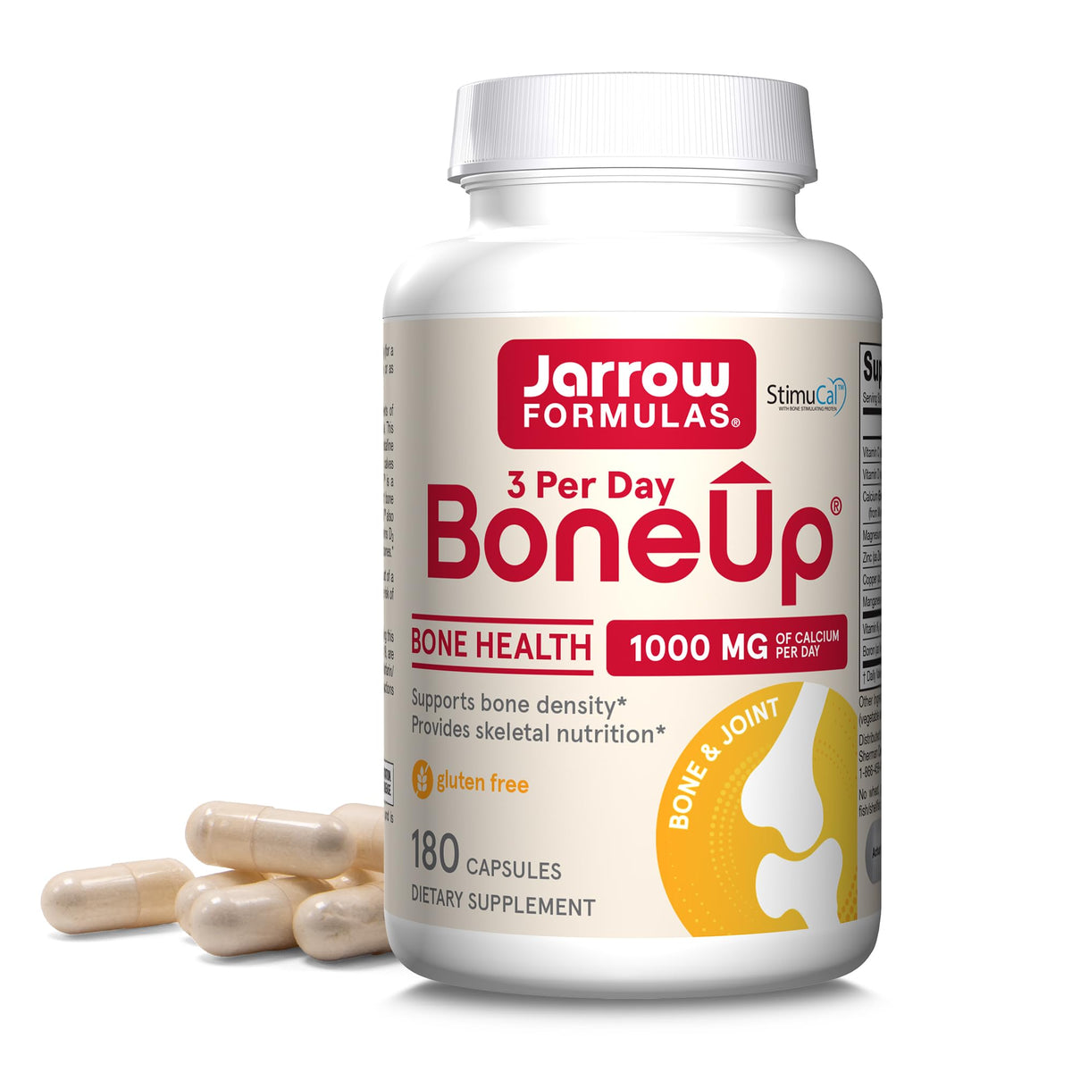 Jarrow Formulas BoneUp frontal del envase mostrando la marca y tamaño