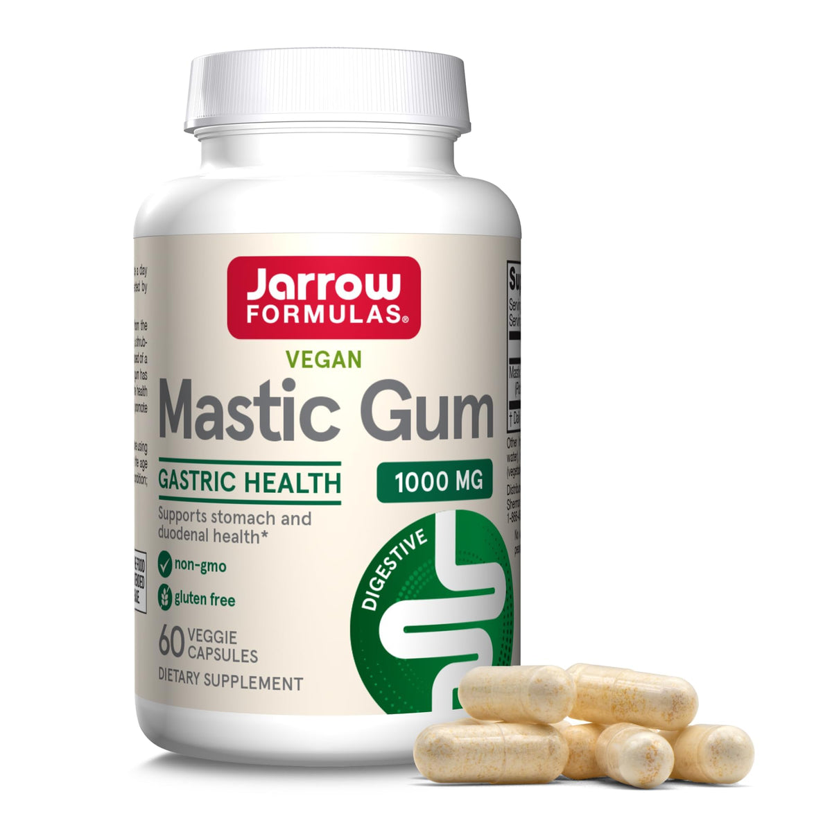 Jarrow Formulas frasco frontal de Mastic Gum 1000 mg, cápsulas veganas para apoyo digestivo