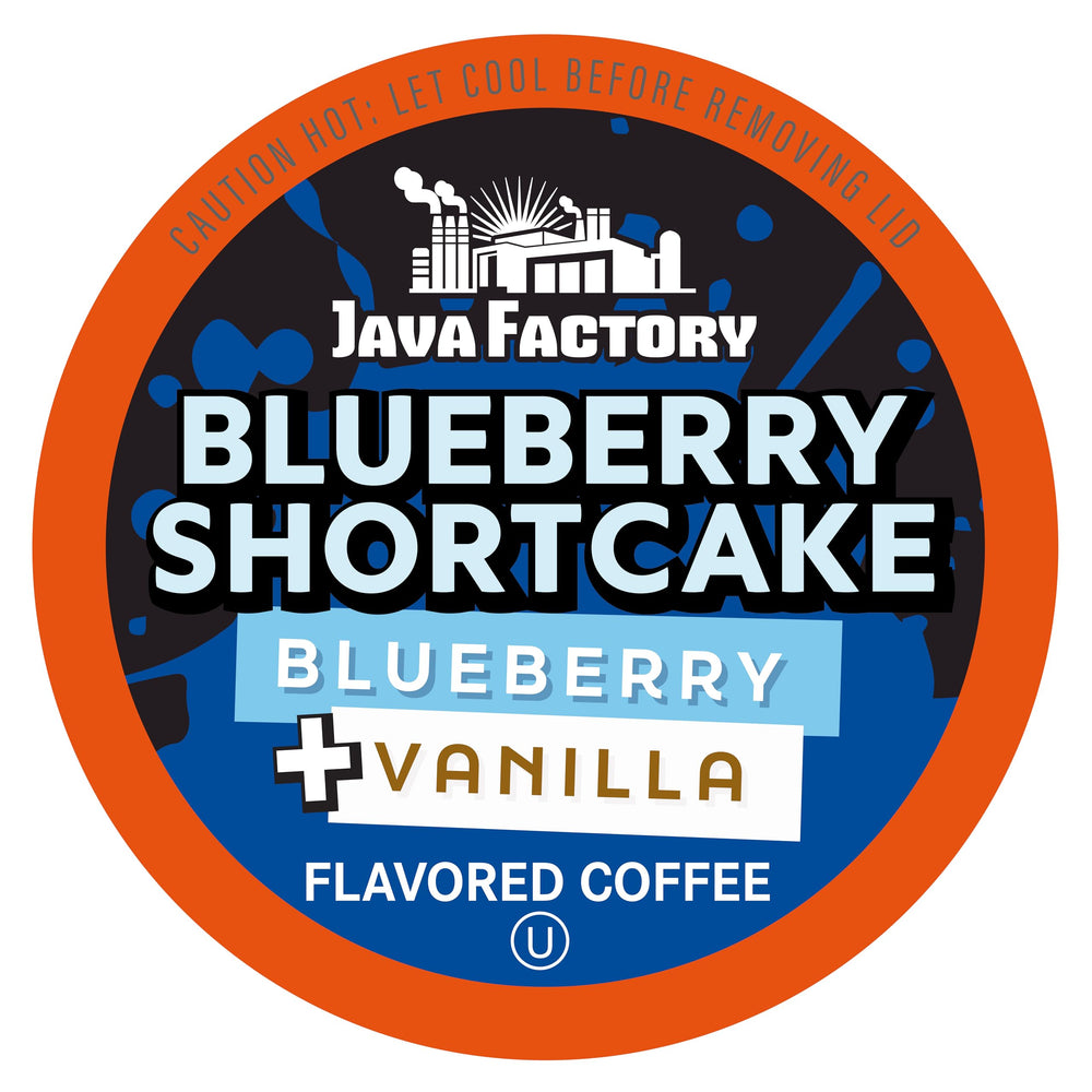 Java Factory front packaging showing blueberry shortcake pods and benefits of seasonal flavor