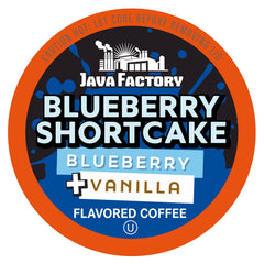 Java Factory front packaging showing blueberry shortcake pods and benefits of seasonal flavor