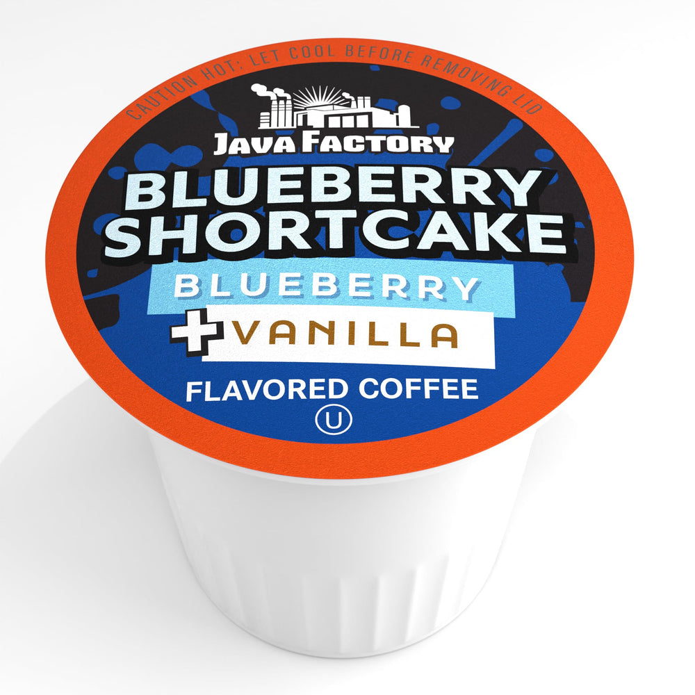 Java Factory brewed cup with creamy foam showing blueberry shortcake flavor enjoyment