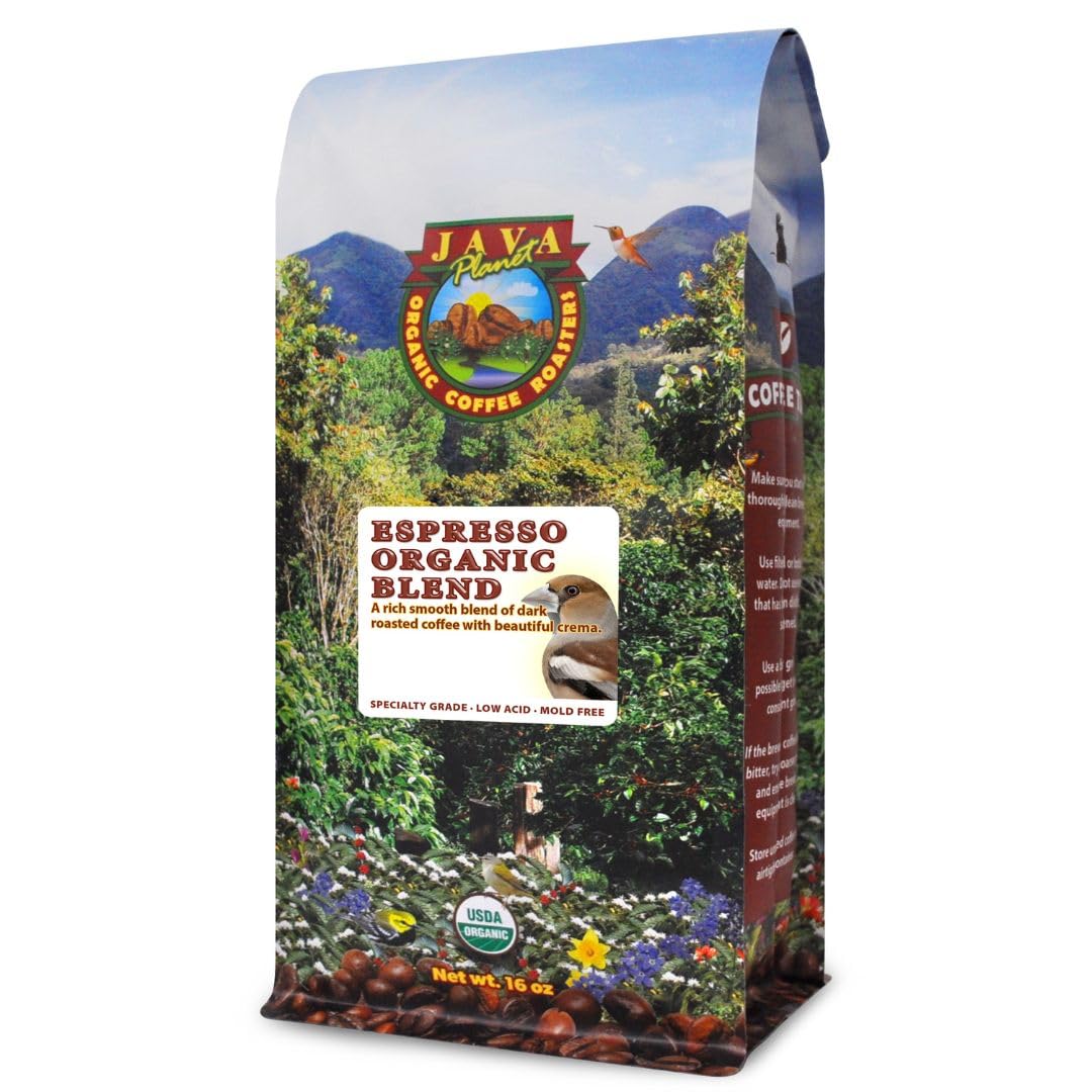 Java Planet frontal del paquete mostrando 16 oz y sello orgánico, claridad y confianza