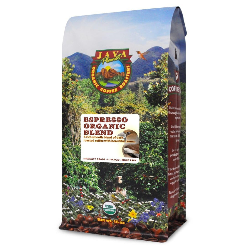Java Planet frontal del paquete mostrando 16 oz y sello orgánico, claridad y confianza