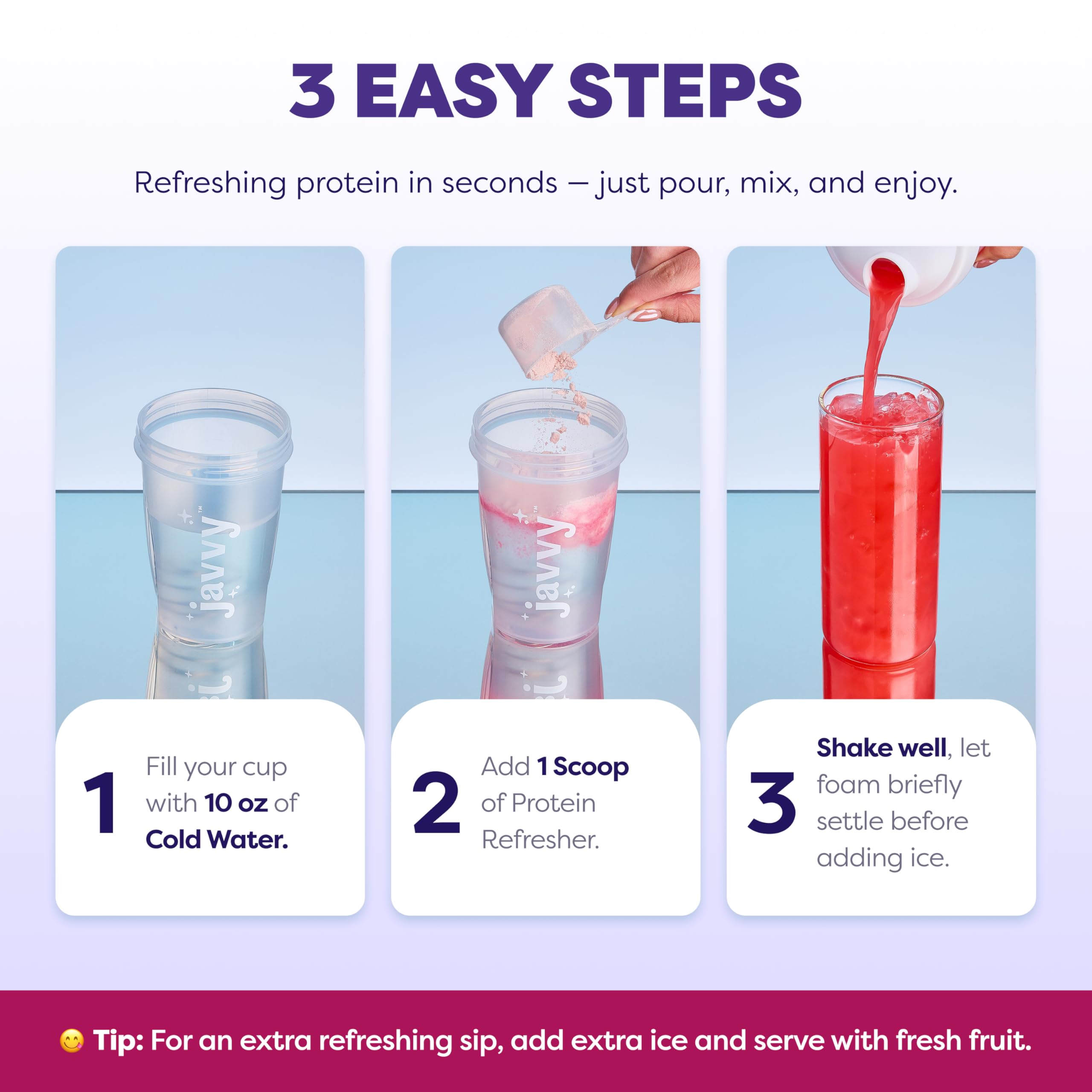 Javvy bebida servida con hielo destacando hidratación y sabor afrutado refrescante