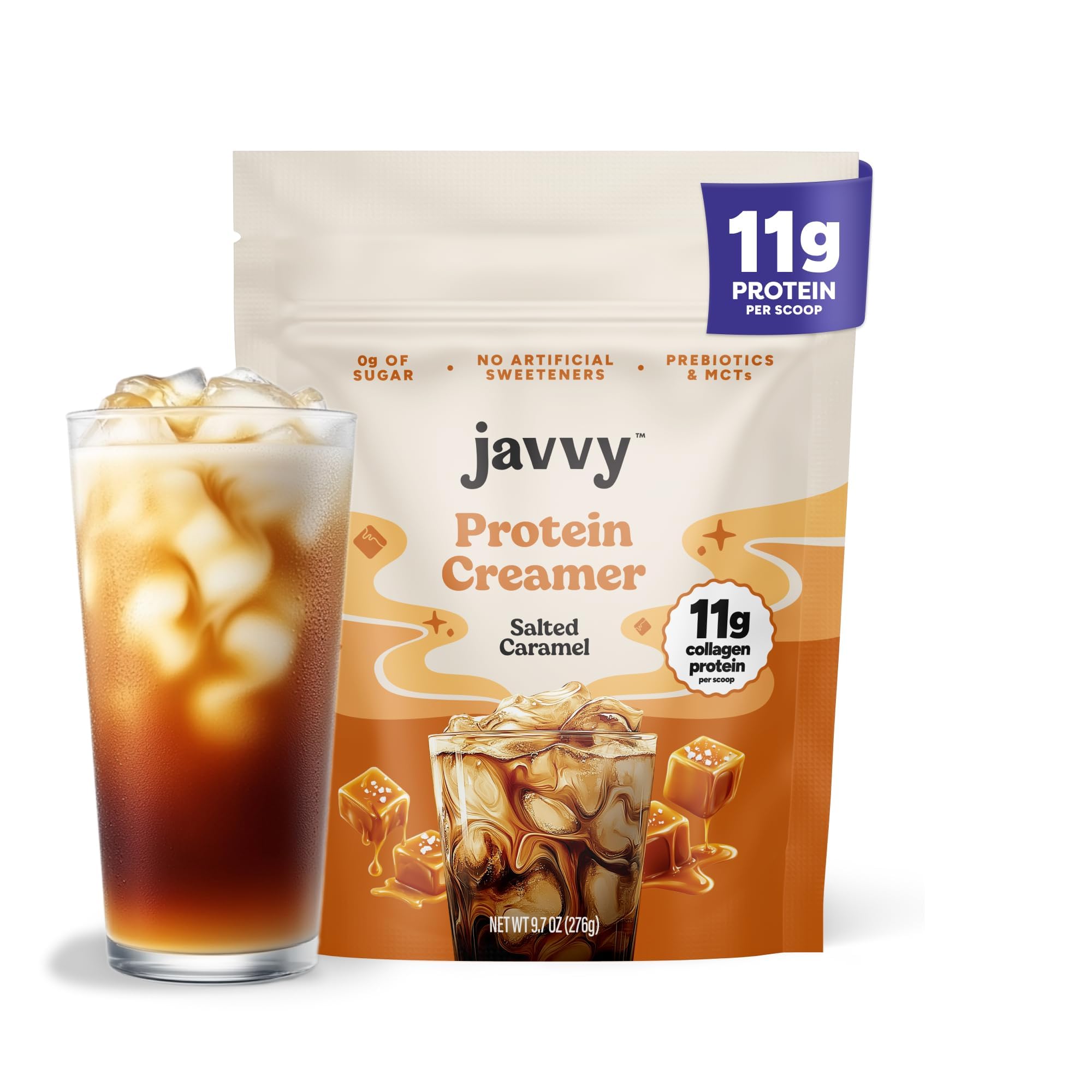 Javvy empaque frontal mostrando sabor caramelo salado y beneficio cremosidad