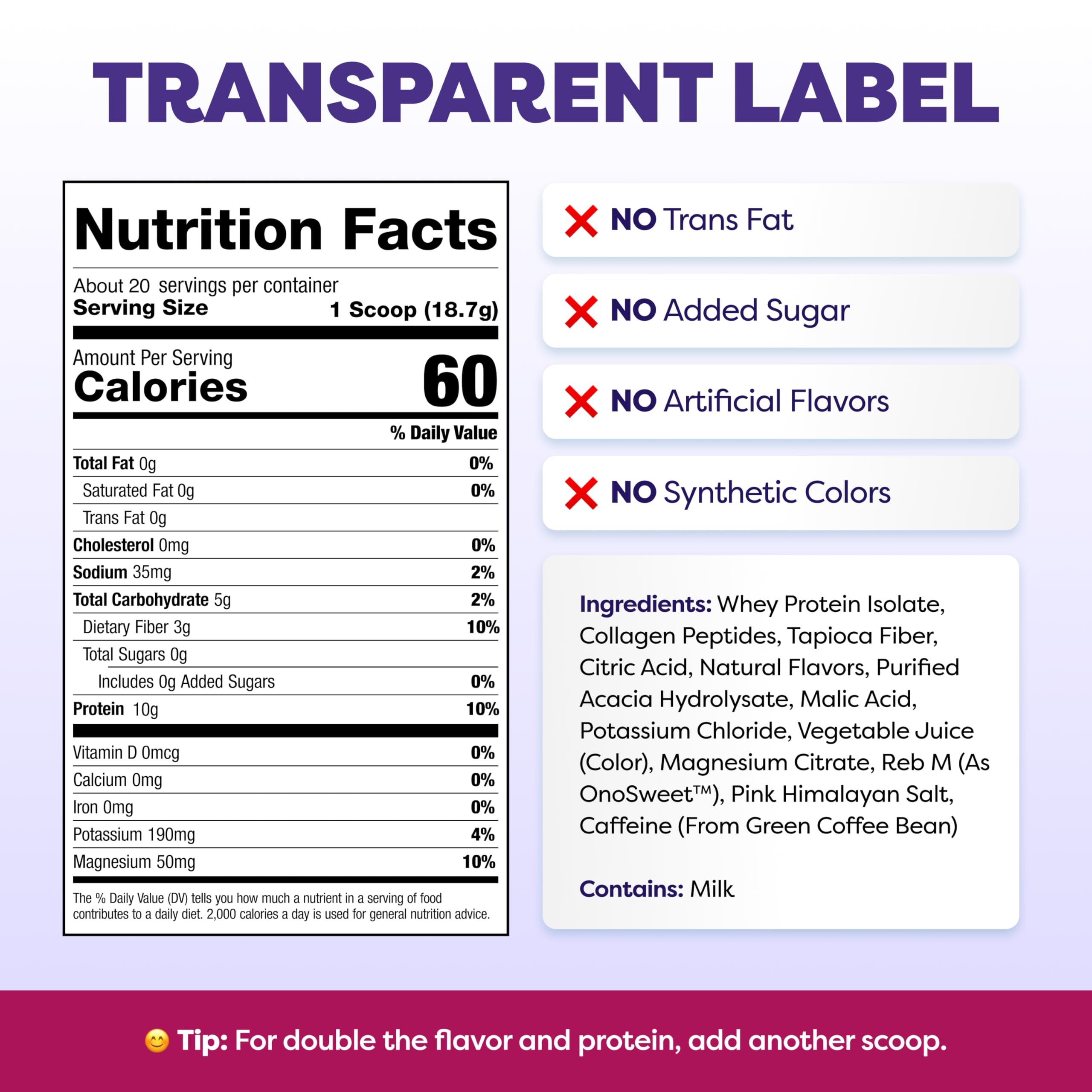 Javvy etiqueta con lista de ingredientes y beneficios para transparencia del producto