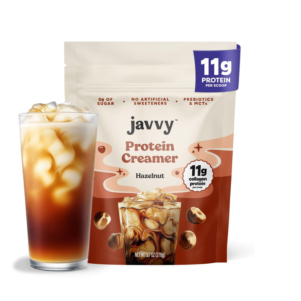 Javvy frente del empaque mostrando sabor avellana y beneficios visibles