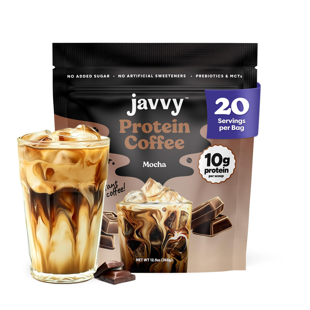 Javvy envase frontal chocolate mocha mostrando diseño y beneficio práctico