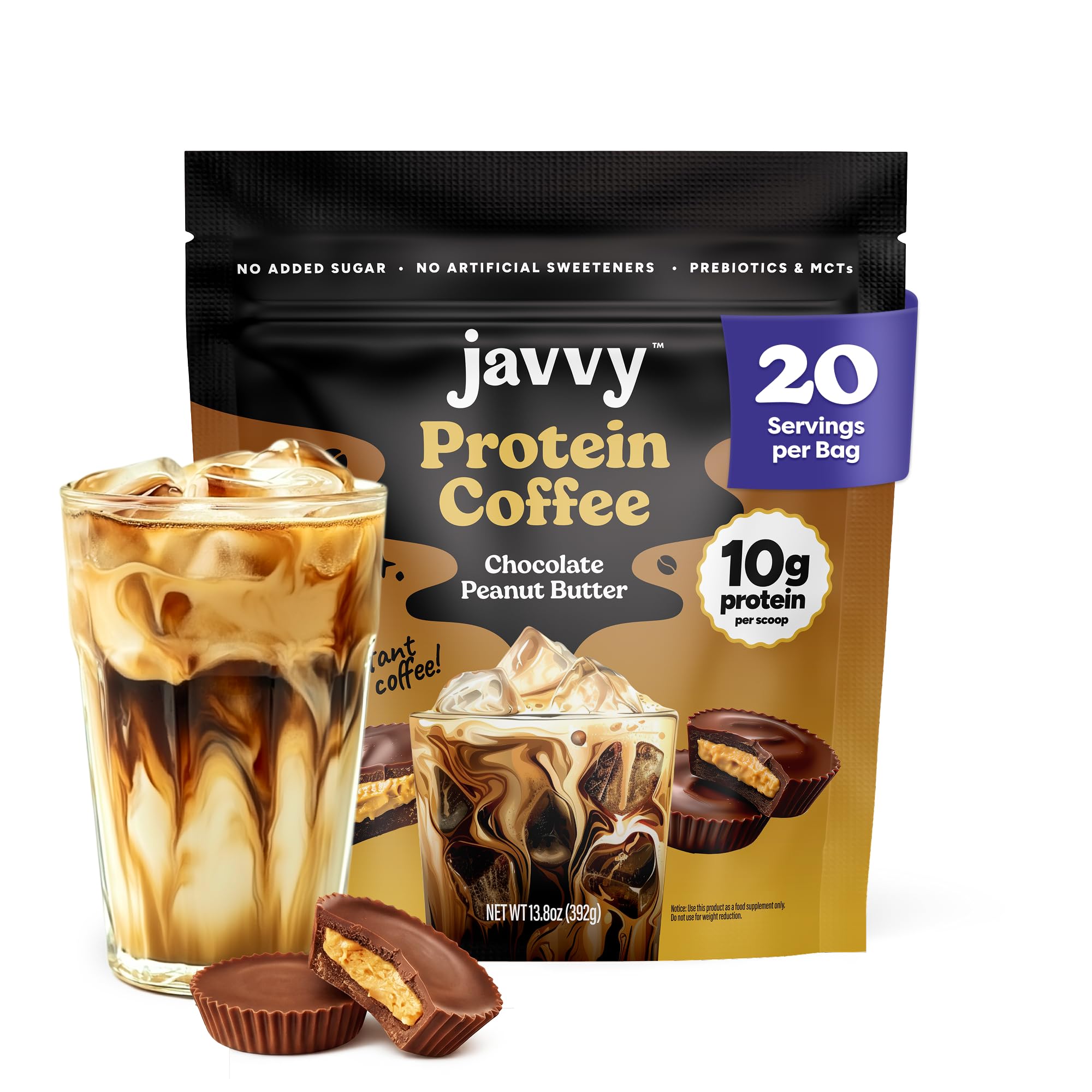 Javvy envase frontal Chocolate Peanut Butter, presentación y beneficios rápidos