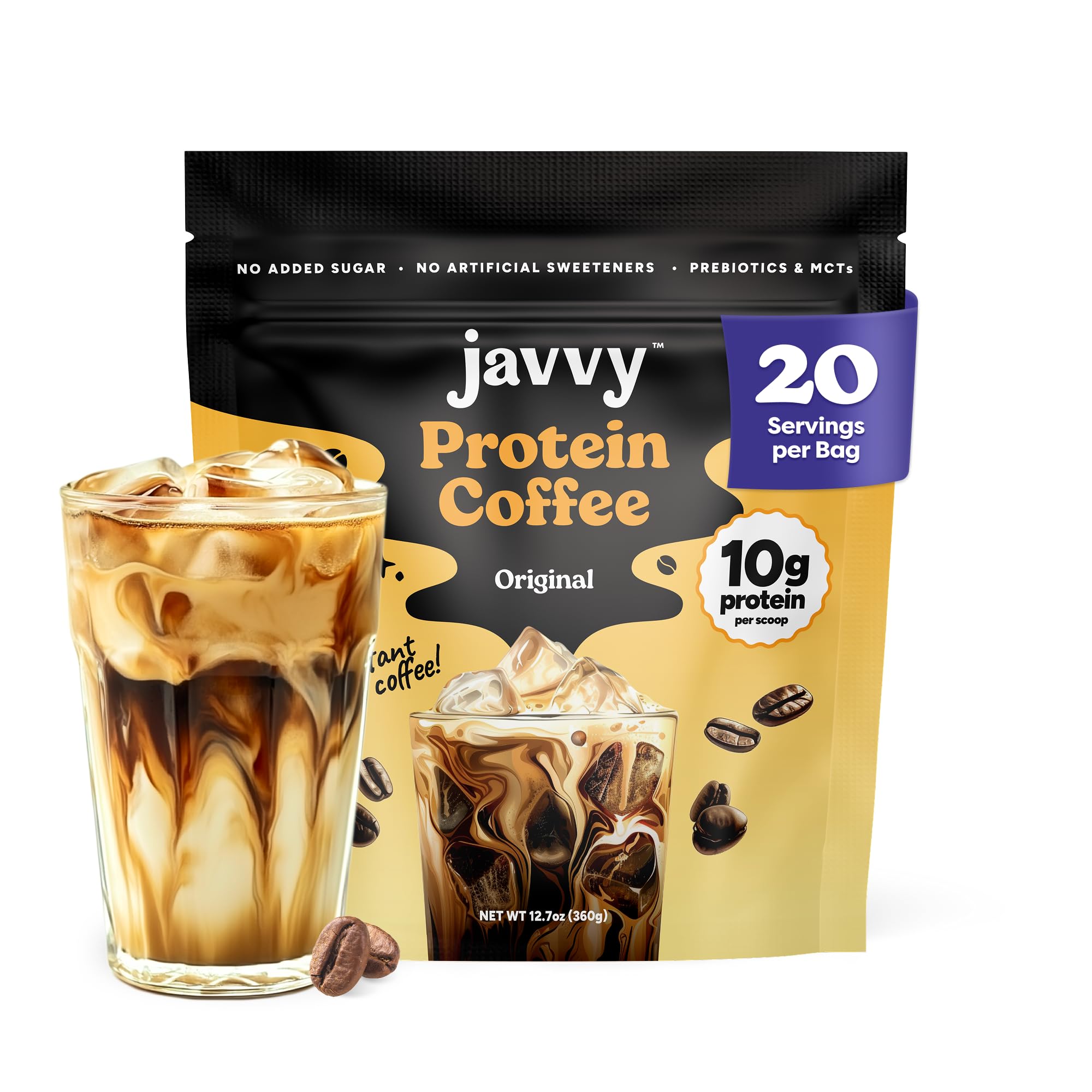 Javvy mostrando el frente del envase con café proteico listo