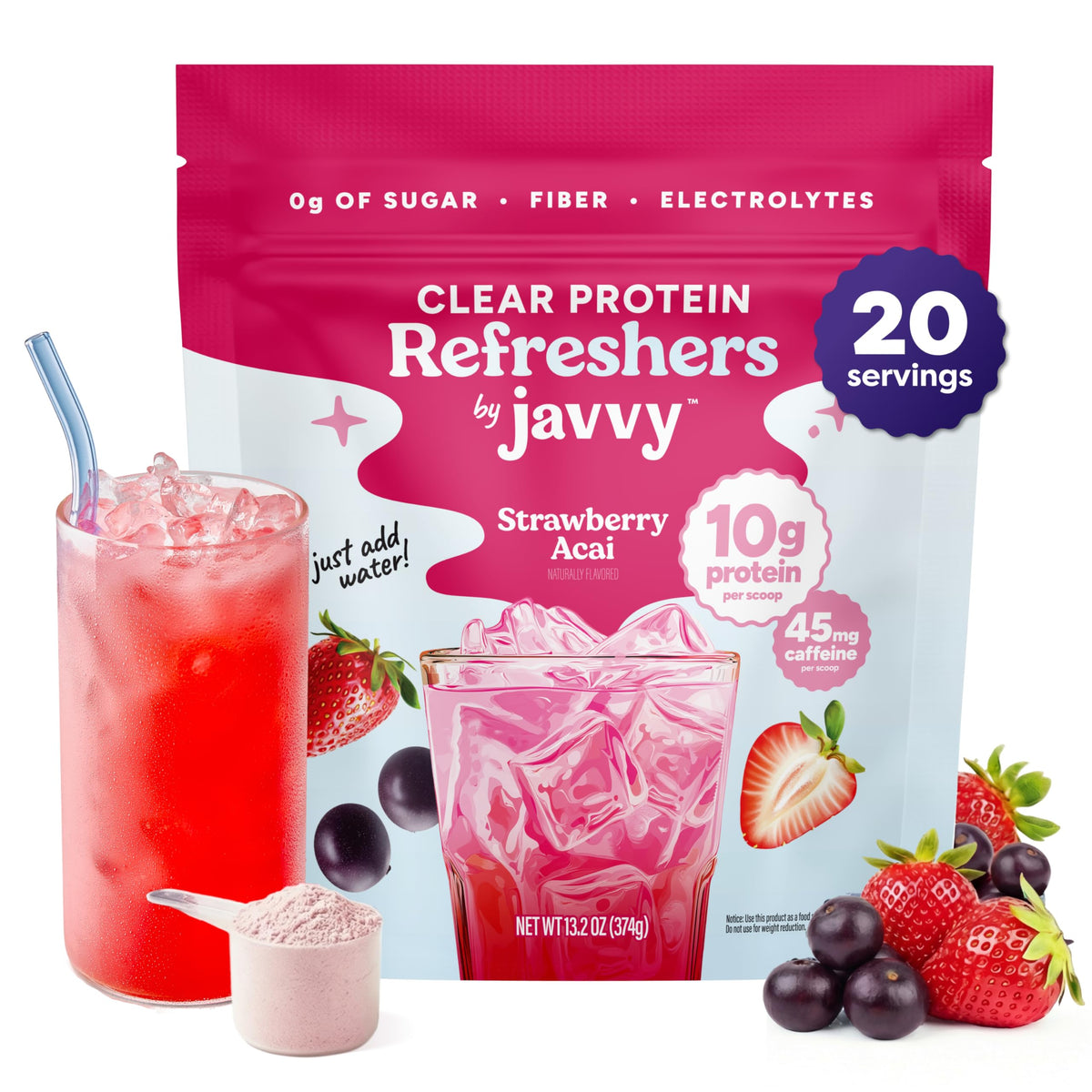 Javvy envase frontal Strawberry Berry Acai mostrando sabor y marca, atractivo visual