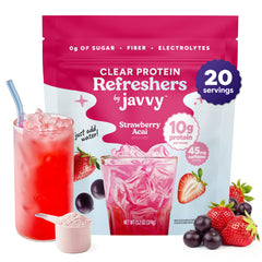 Javvy envase frontal Strawberry Berry Acai mostrando sabor y marca, atractivo visual