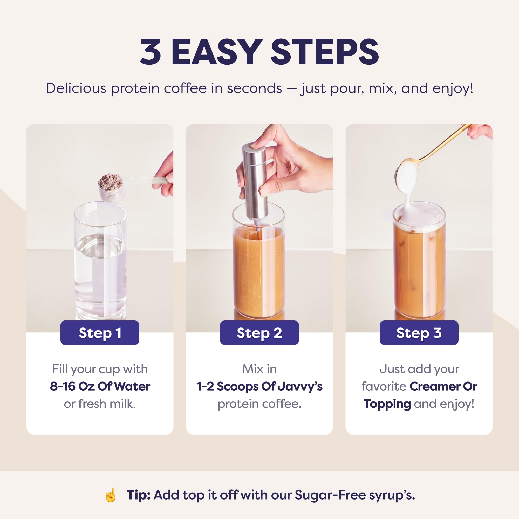 Javvy etiqueta de ingredientes mostrando proteína, prebióticos y goMCT claros