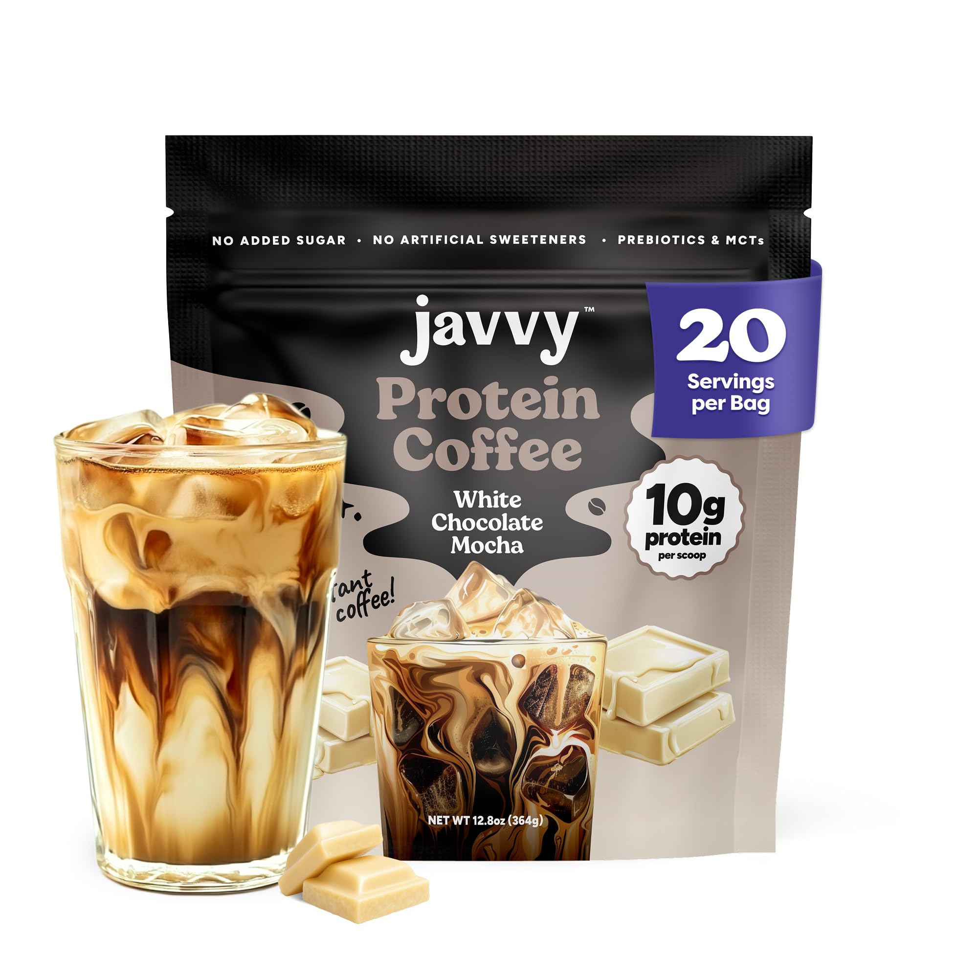 Javvy envase frontal White Chocolate Mocha mostrando diseño y beneficios prácticos