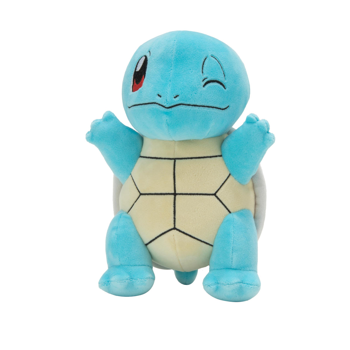 Jazwares Squirtle frontal empacado mostrando diseño auténtico y abrazable
