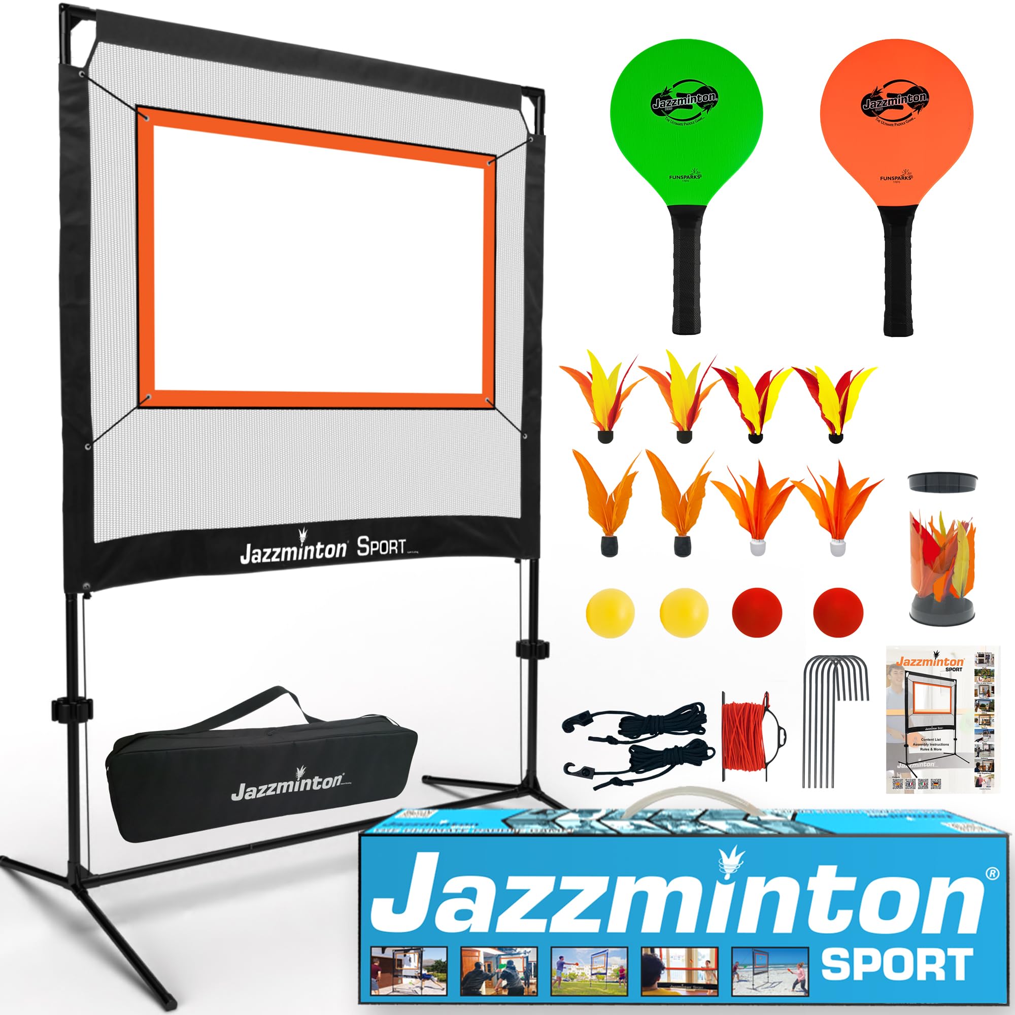 Jazzminton vista frontal del kit mostrando la caja y componentes para juego inmediato
