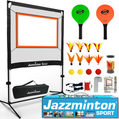 Jazzminton vista frontal del kit mostrando la caja y componentes para juego inmediato