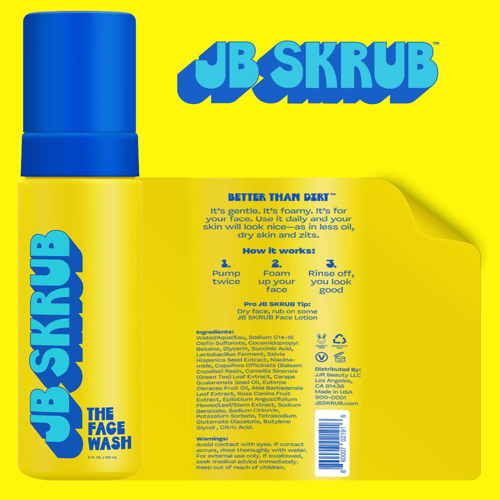 JB SKRUB espuma cremosa en mano demostrando limpieza sin resecar