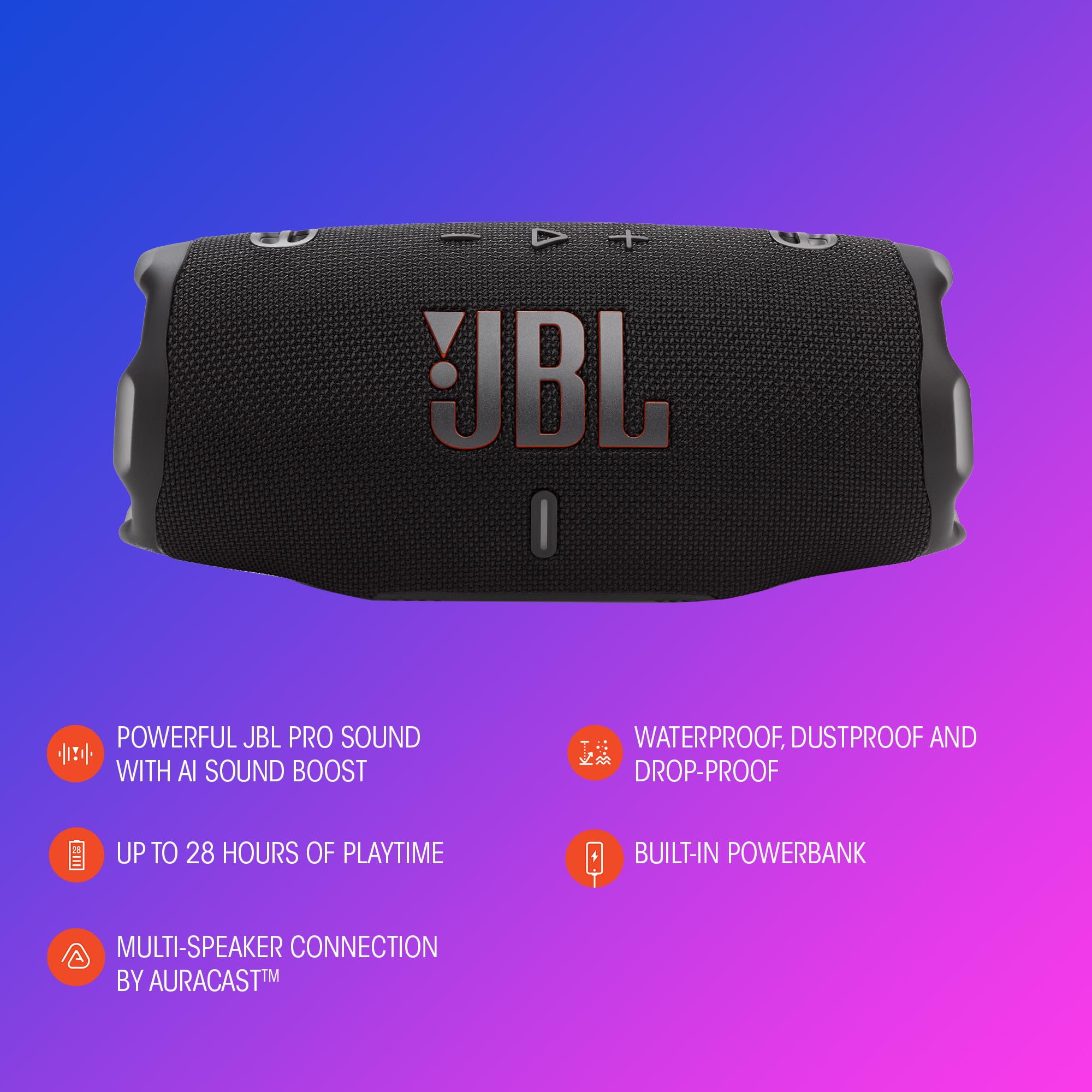 JBL Charge 6 sobre mesa de noche entregando audio en interiores