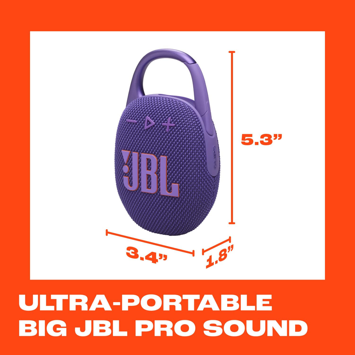 JBL Clip 5 junto a un teléfono para comparar tamaño, ultracompacto y portátil