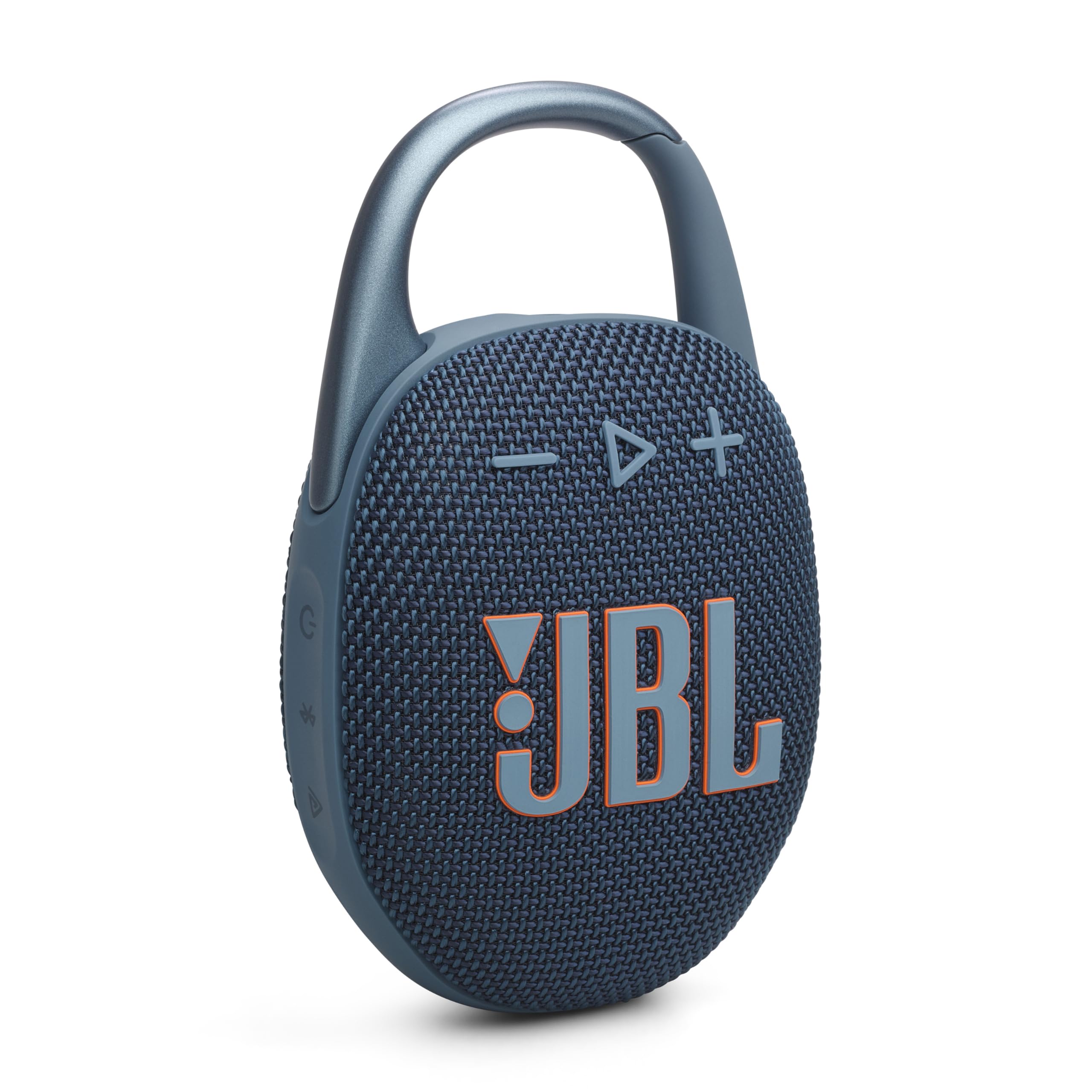 JBL Clip 5 frontal mostrando rejilla y forma compacta, sonido potente portátil