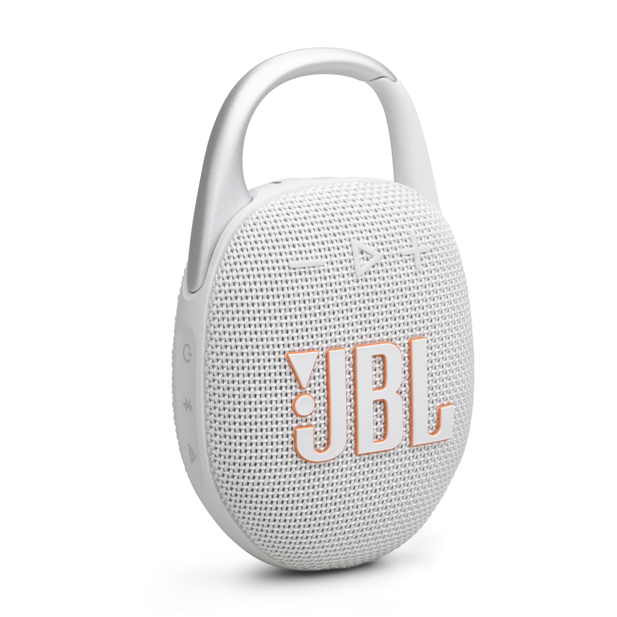 JBL Clip 5 vista frontal blanco con sonido potente y diseño compacto