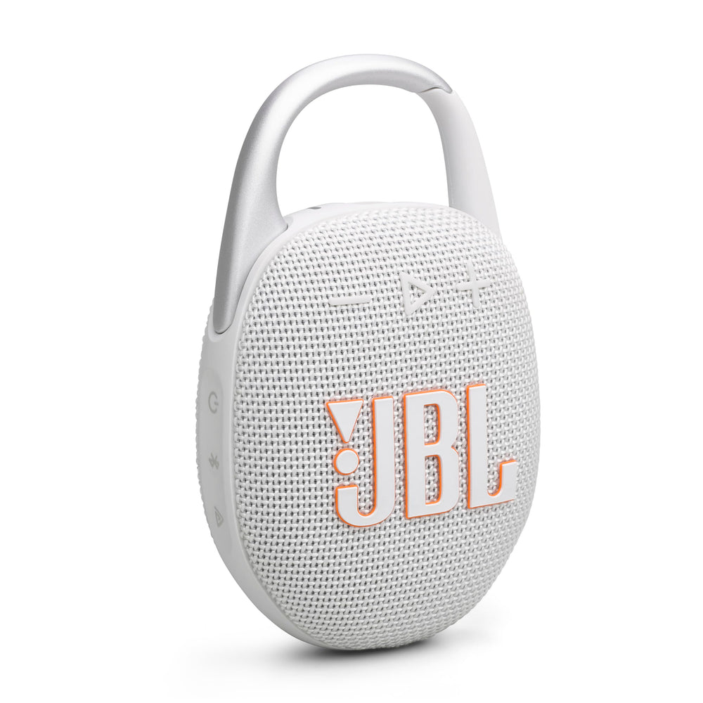 JBL Clip 5 vista frontal blanco con sonido potente y diseño compacto