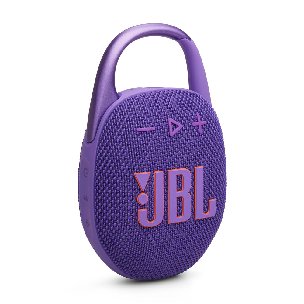 JBL Clip 5 vista frontal mostrando los botones y la rejilla, sonido potente