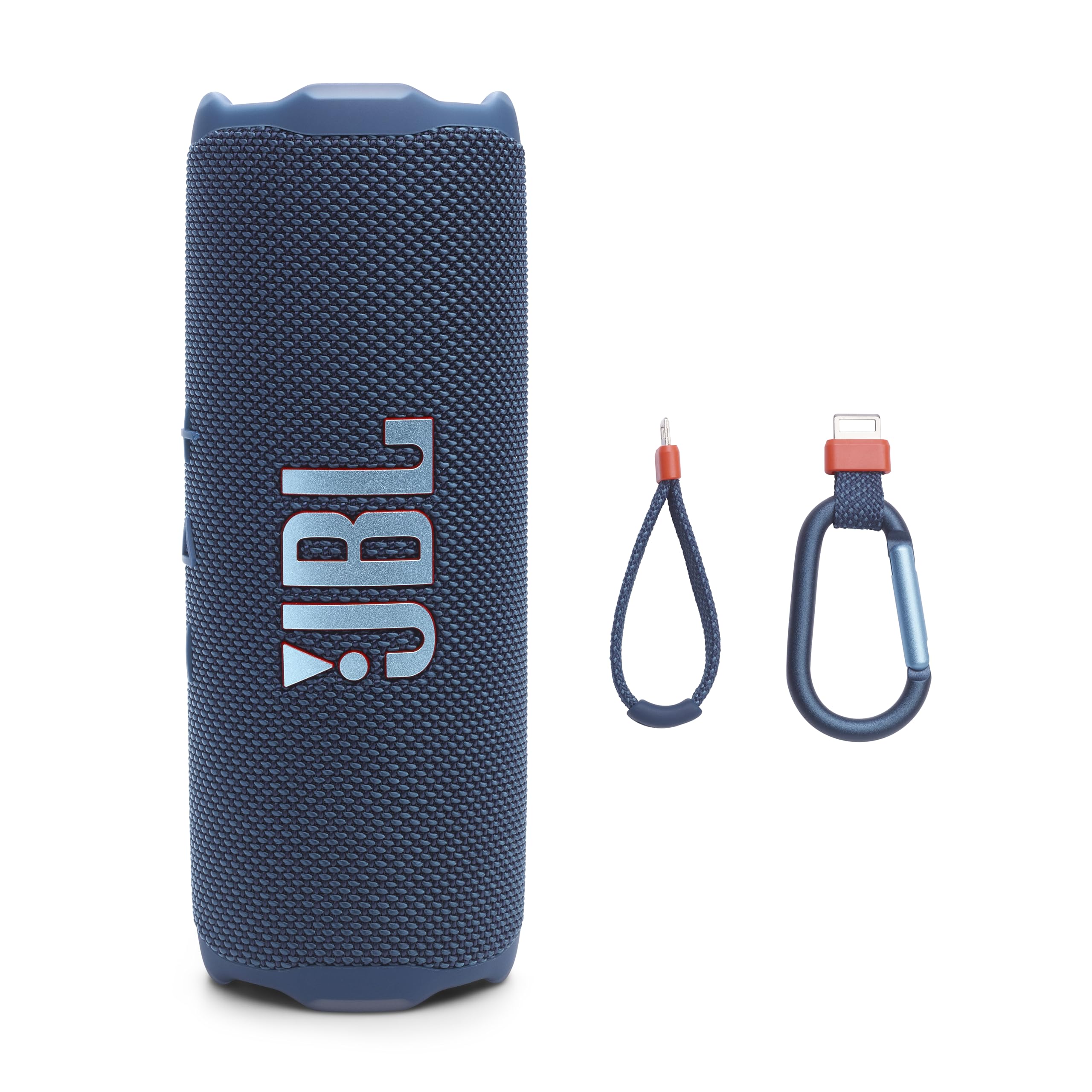 JBL Flip 7 frontal azul mostrando controles y beneficio portabilidad