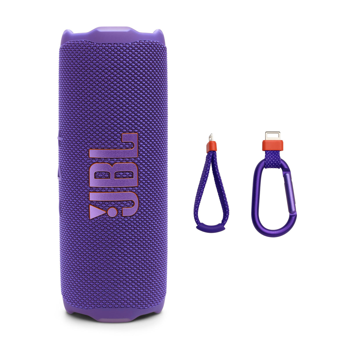 JBL Flip 7 frontal morado mostrando diseño compacto y potencia