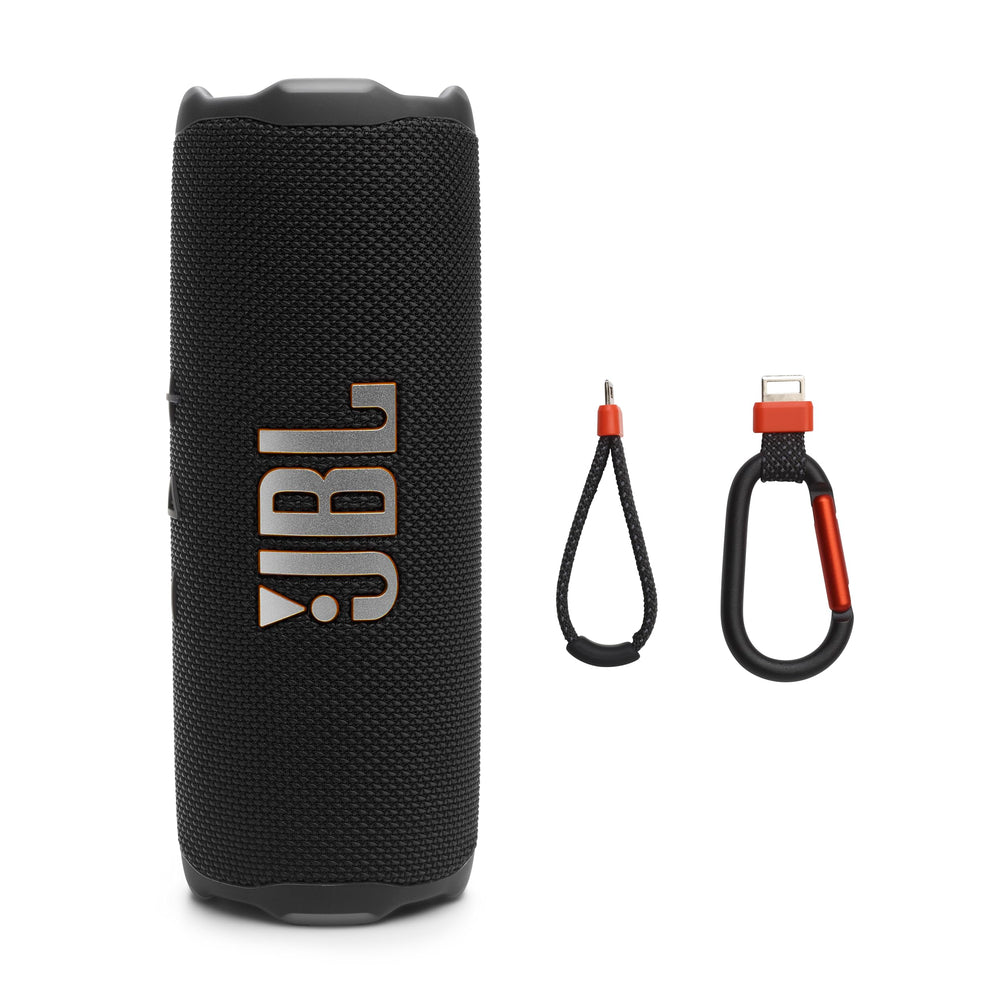 JBL Flip 7 frontal negro mostrando rejilla y potencia sonora