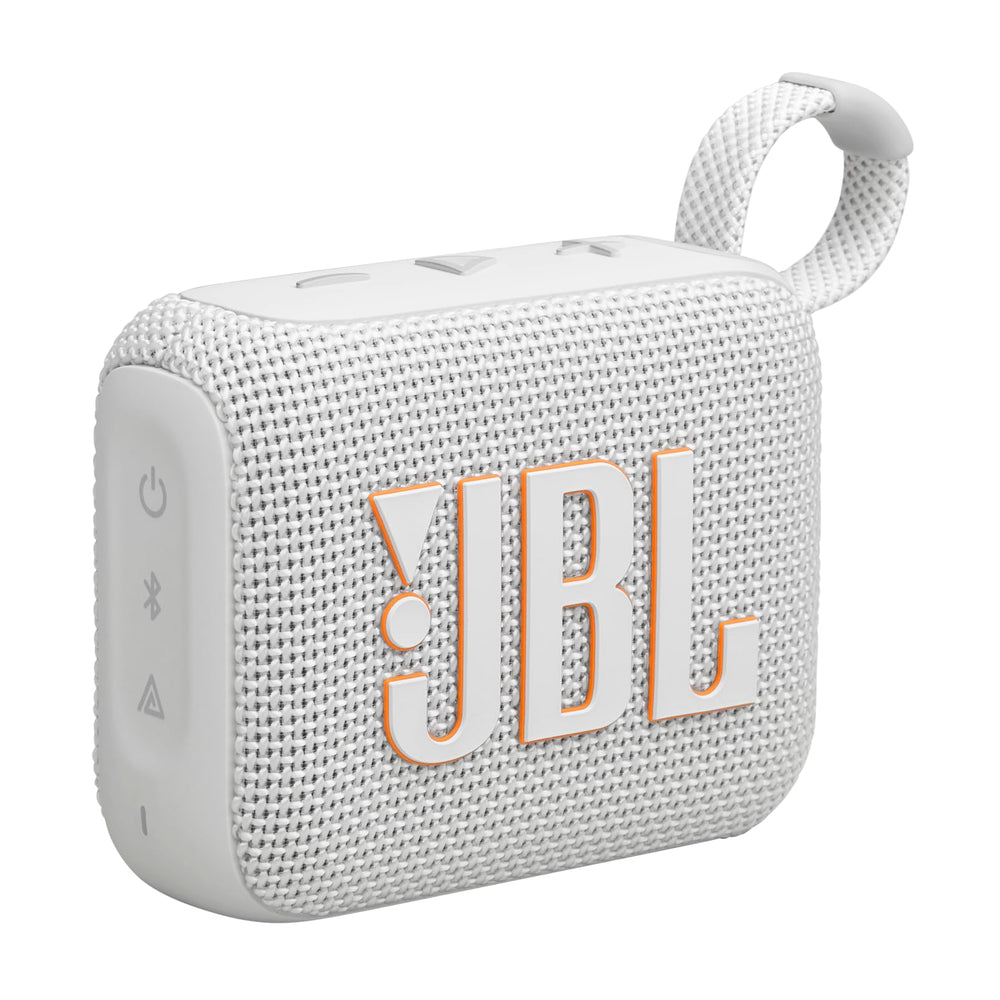 JBL Go 4 vista frontal blanco mostrando diseño compacto y sonido potente