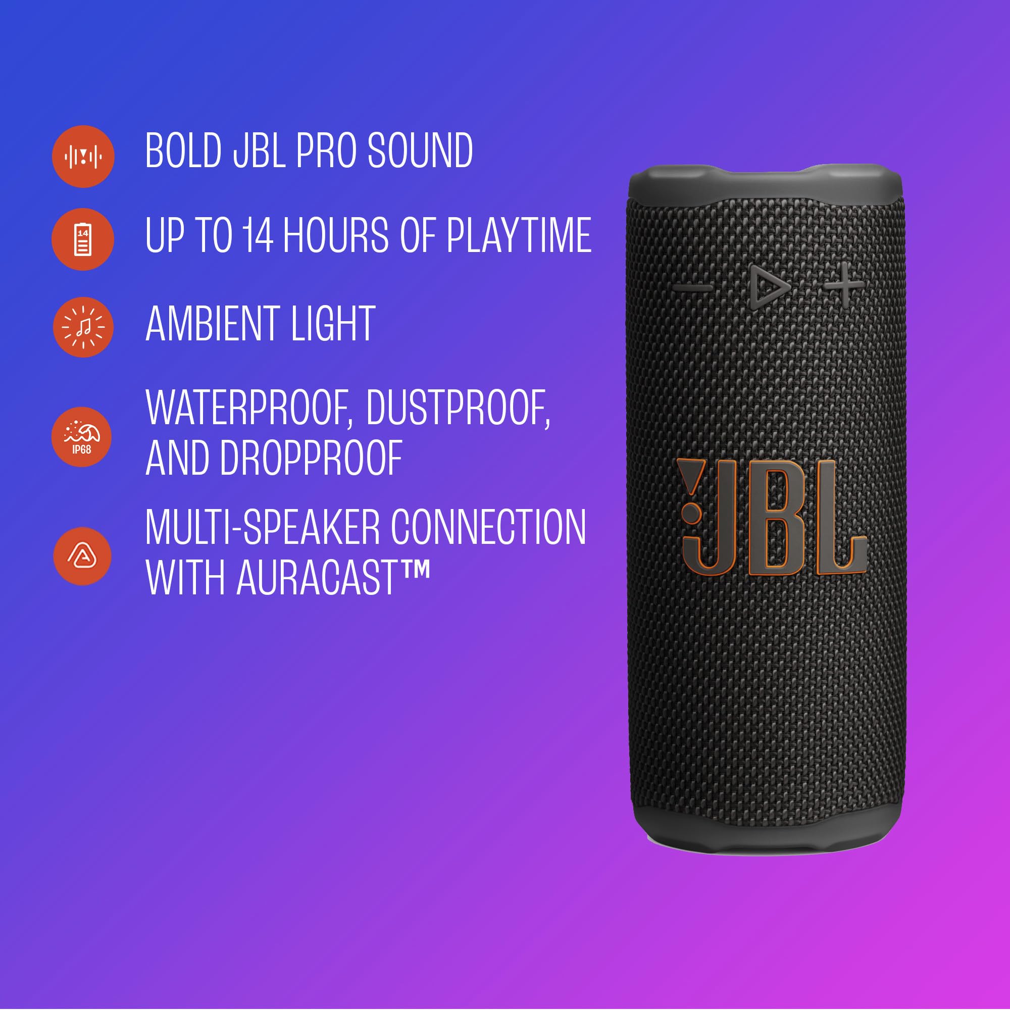 JBL Grip etiqueta con iconos IP68 y especificaciones visibles