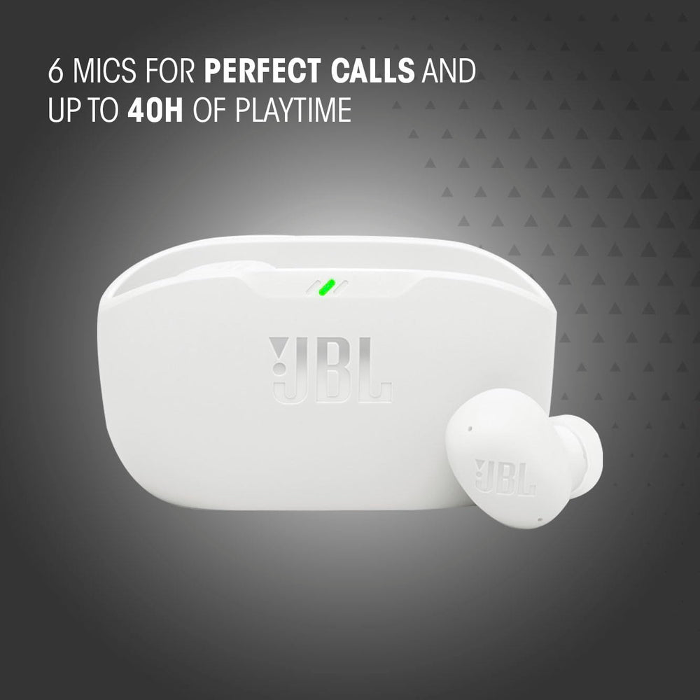 JBL Vibe Buds 2 comparación de tamaño con una mano mostrando portabilidad