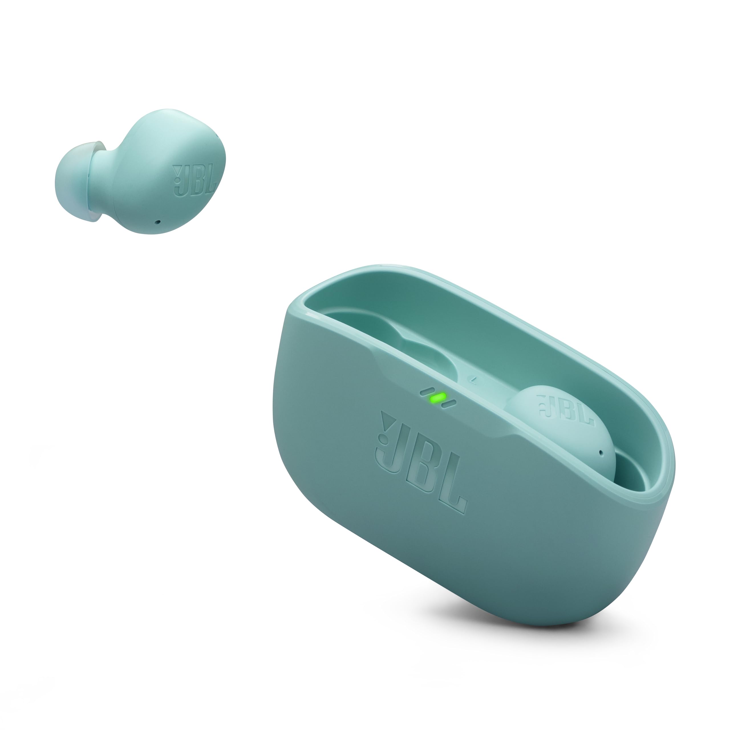JBL Vibe Buds 2 frontal mostrando diseño compacto y color azul