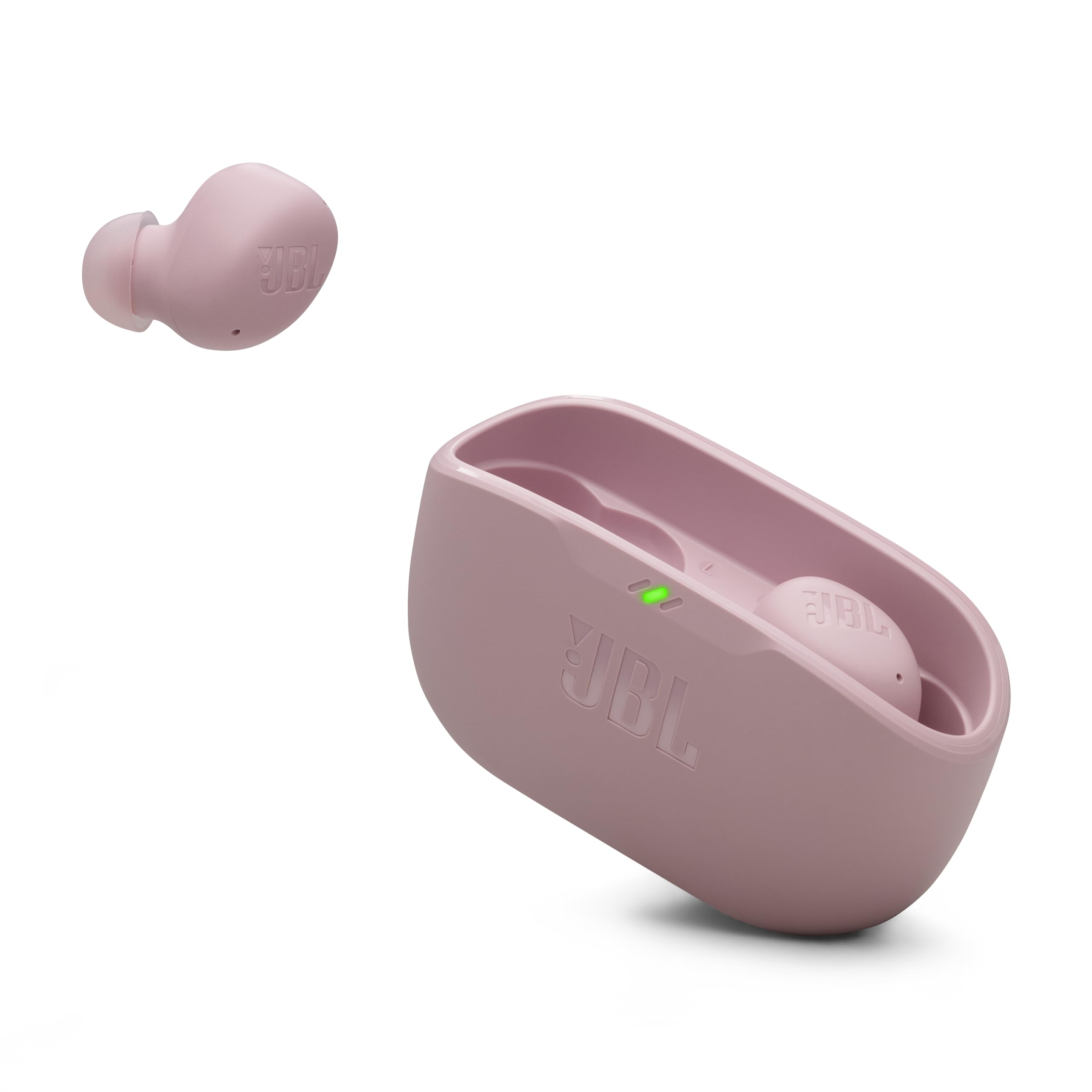 JBL Vibe Buds 2 frontal en rosa mostrando diseño ergonómico y estilo
