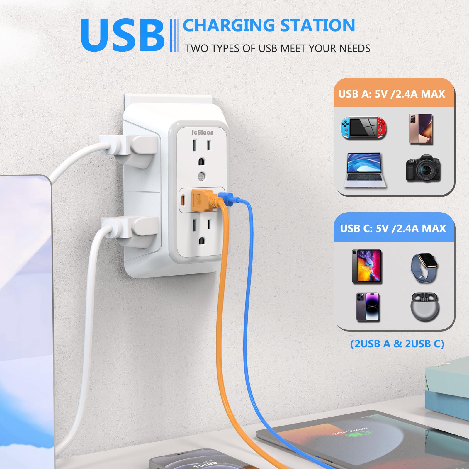 JcBlaon primeros planos de 2 USB-A y 2 USB-C, carga rápida segura