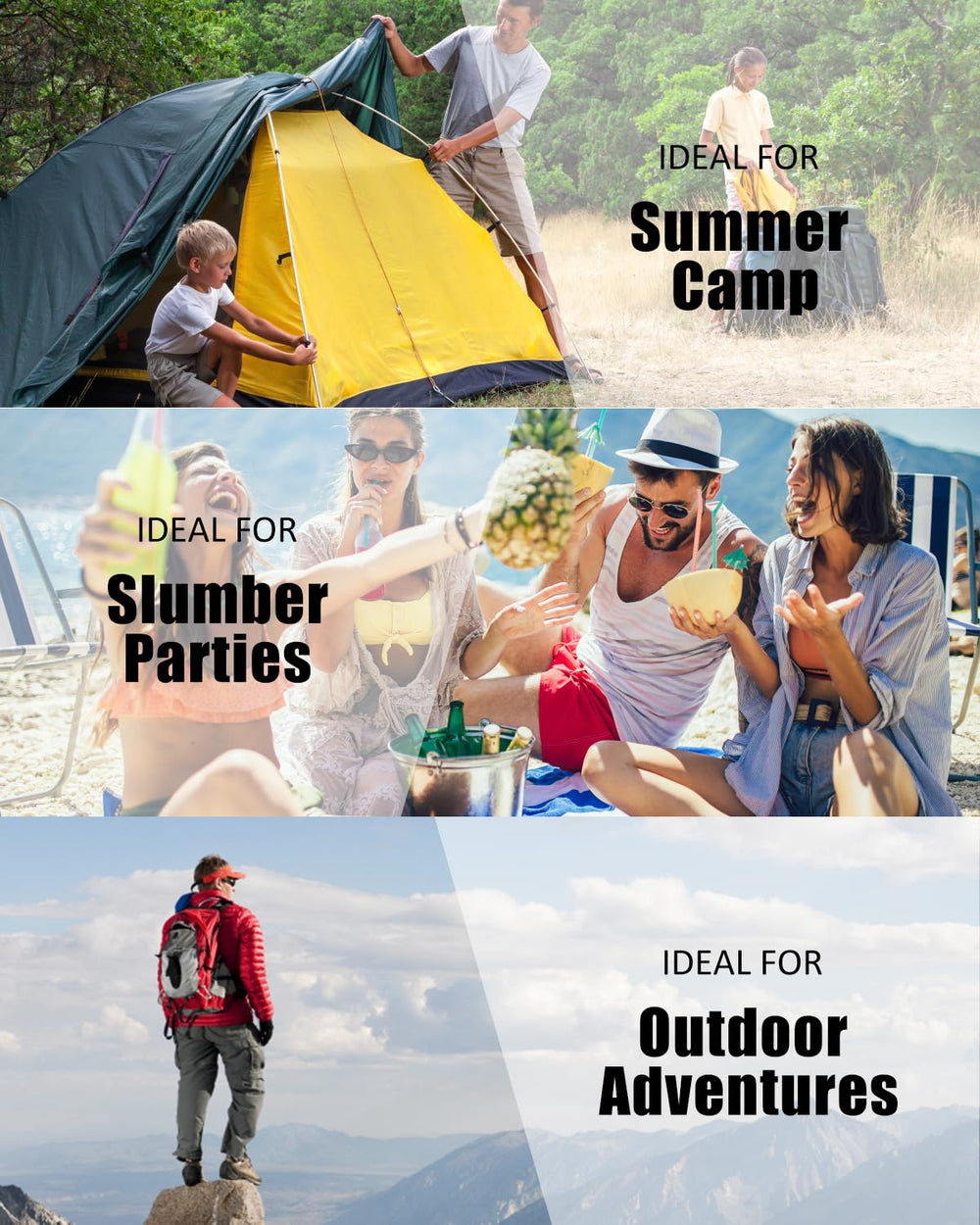 JEAOUIA persona usando el saco en camping, ideal para actividades al aire libre