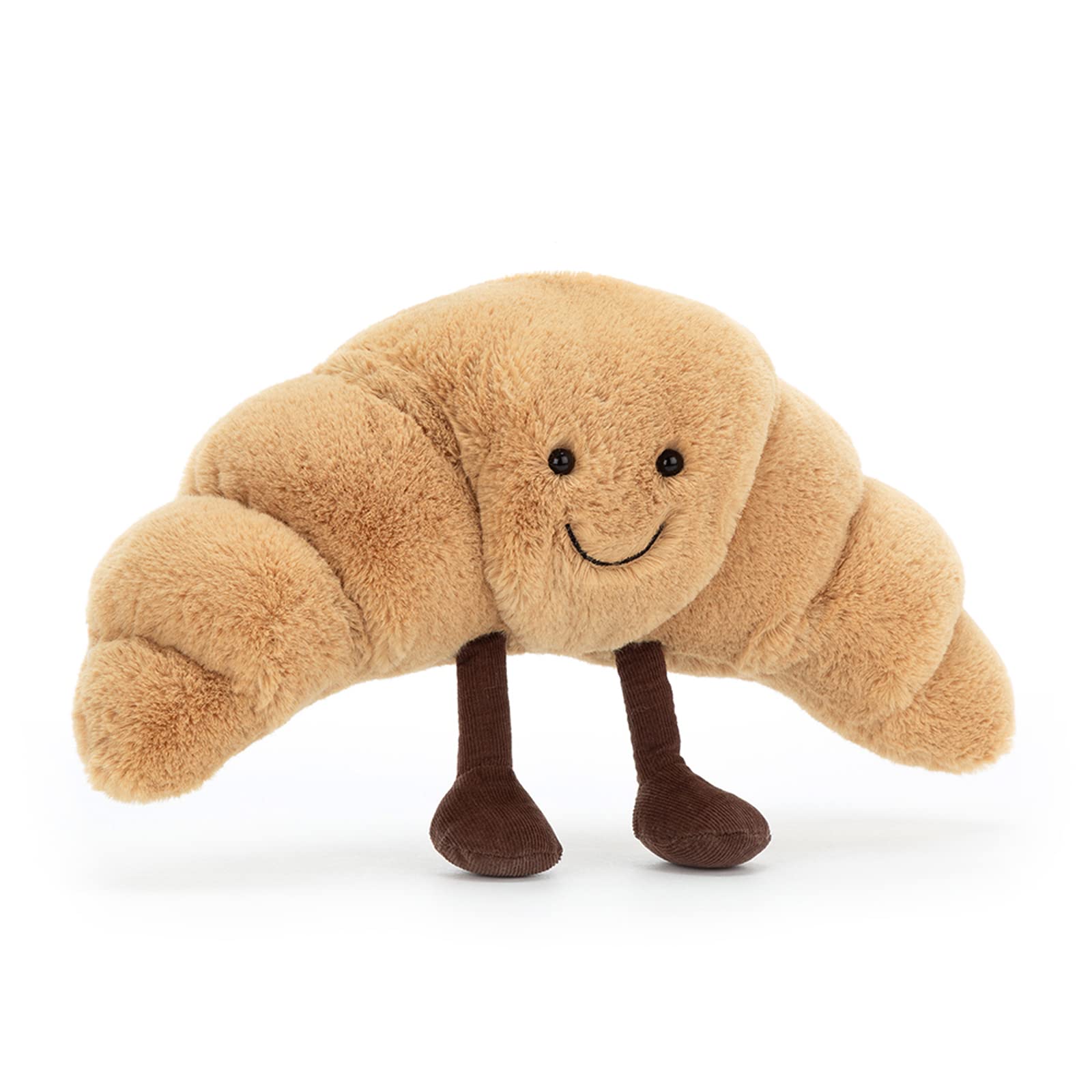 Jellycat croissant comparado con mano para mostrar tamaño práctico