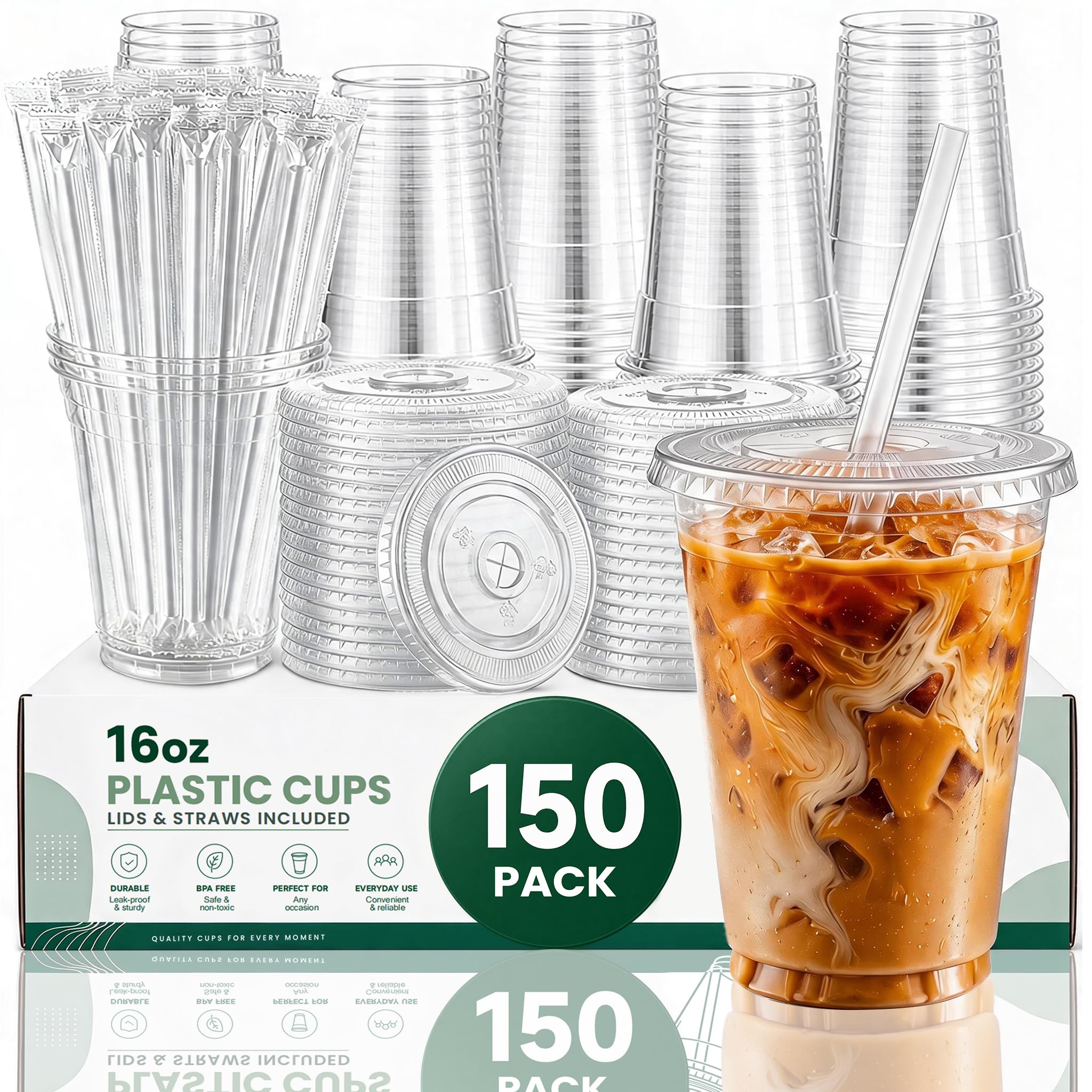 JETPFLMB paquete frontal mostrando 150 vasos claros, práctico para eventos