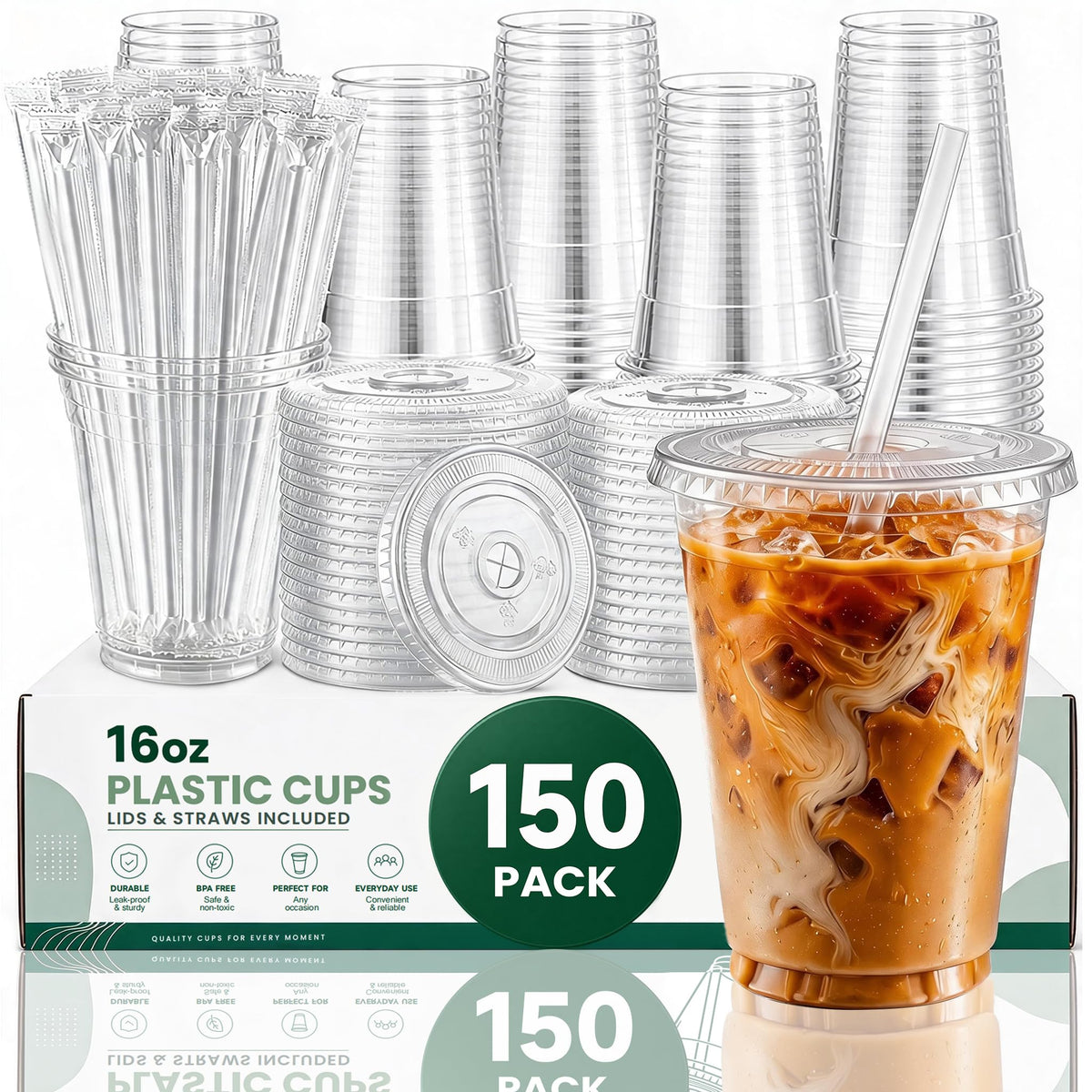 JETPFLMB paquete frontal mostrando 150 vasos claros, práctico para eventos
