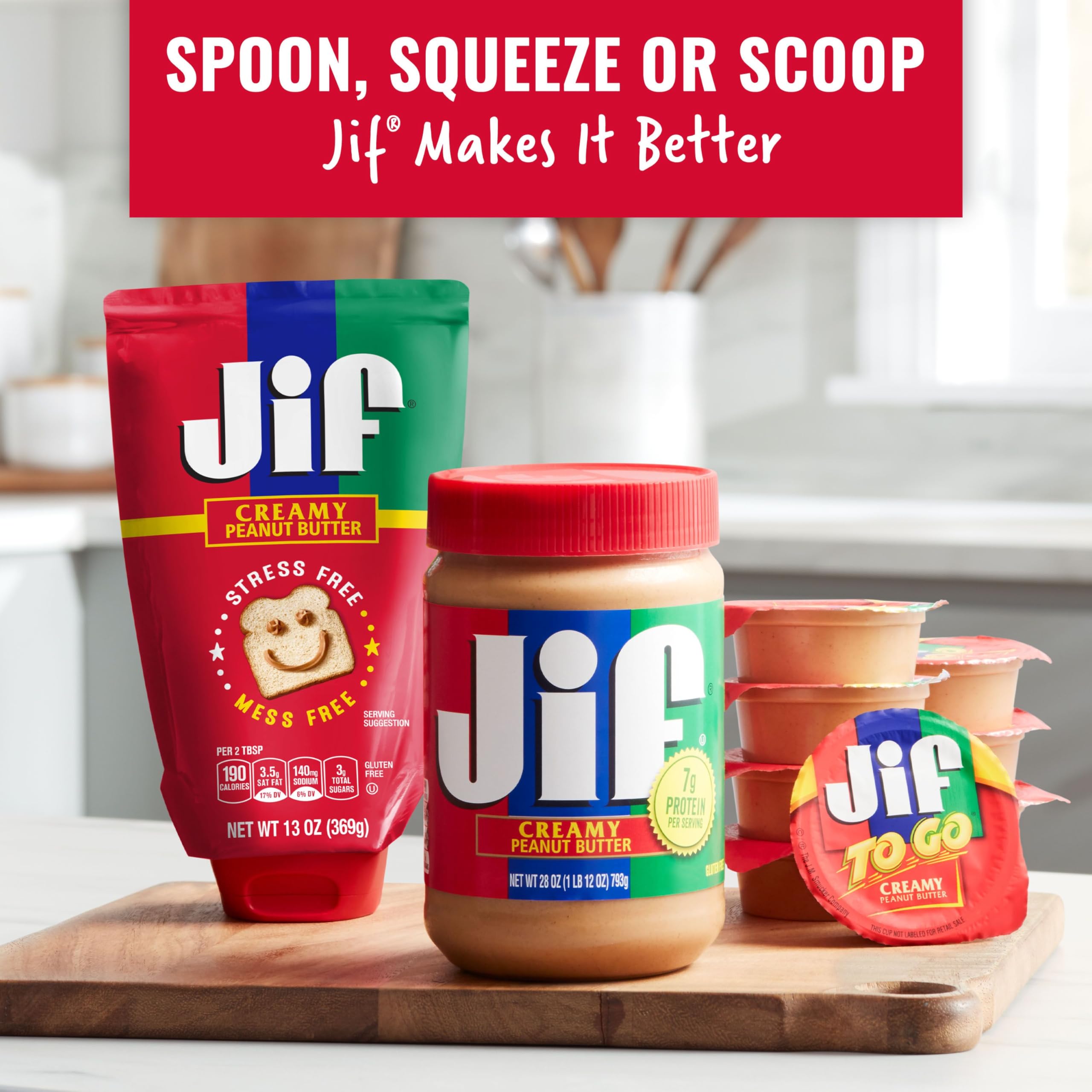 Jif frasco junto a objetos para comparar tamaño y rendimiento