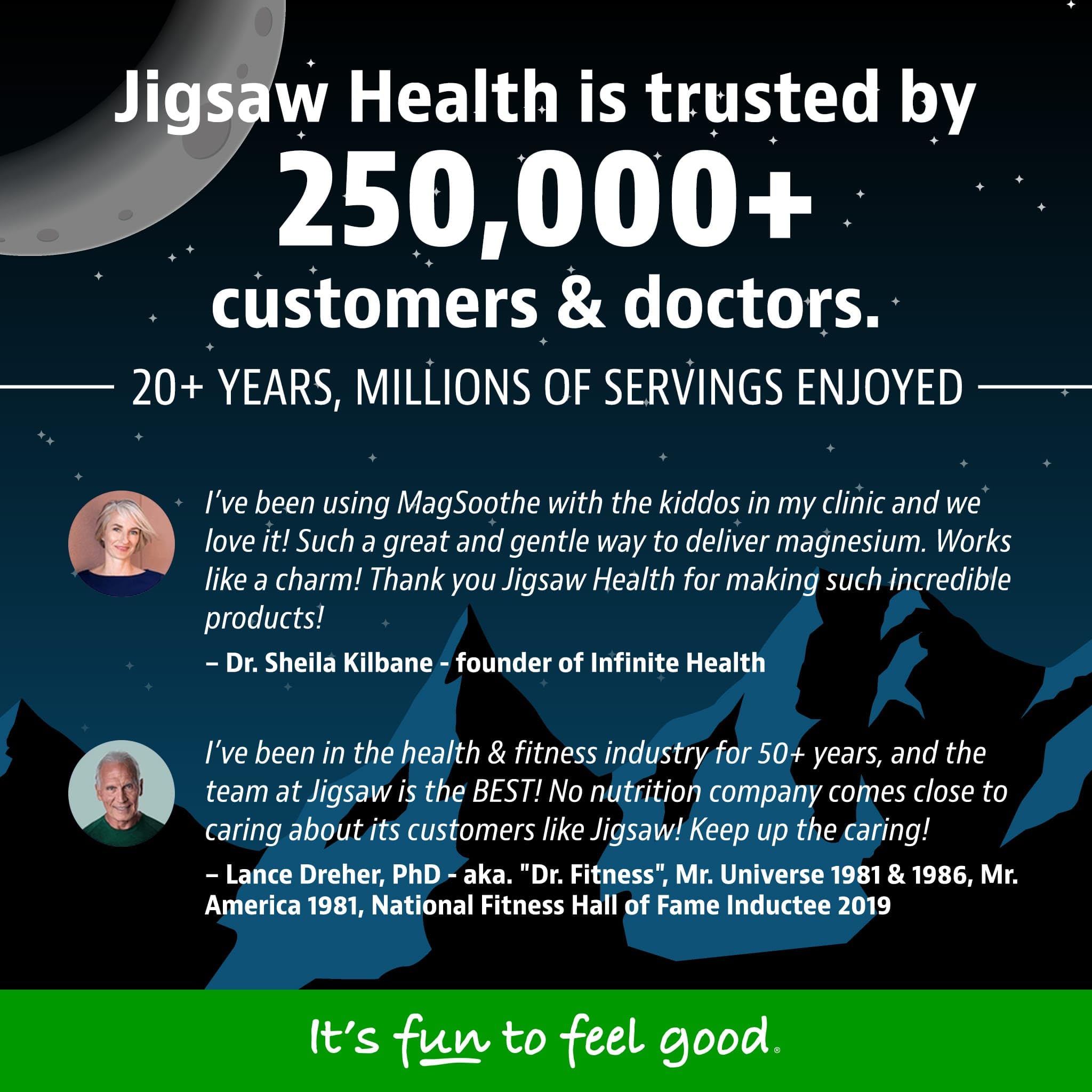 Tarro MagSoothe Jigsaw Health en mesita junto a almohada y vaso, beneficio: uso nocturno cómodo