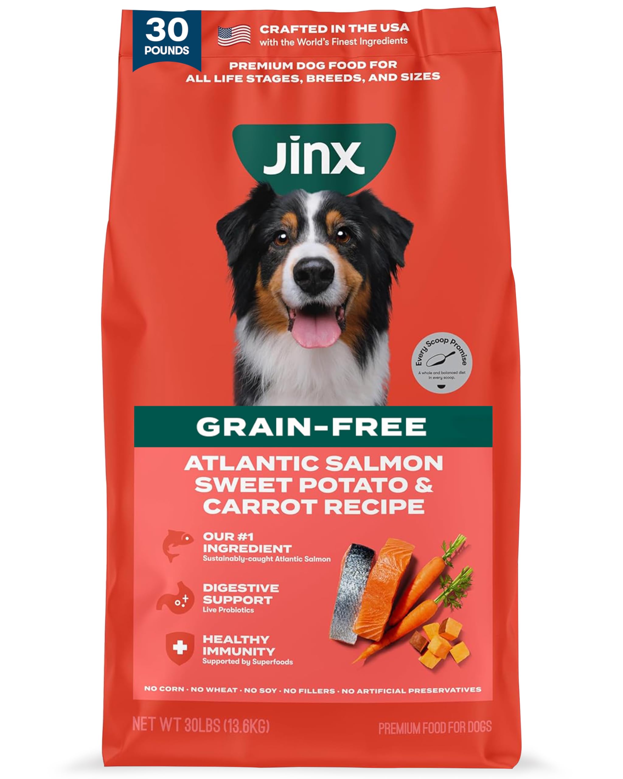 Jinx bolsa 30 lb vista frontal mostrando el envase y beneficios