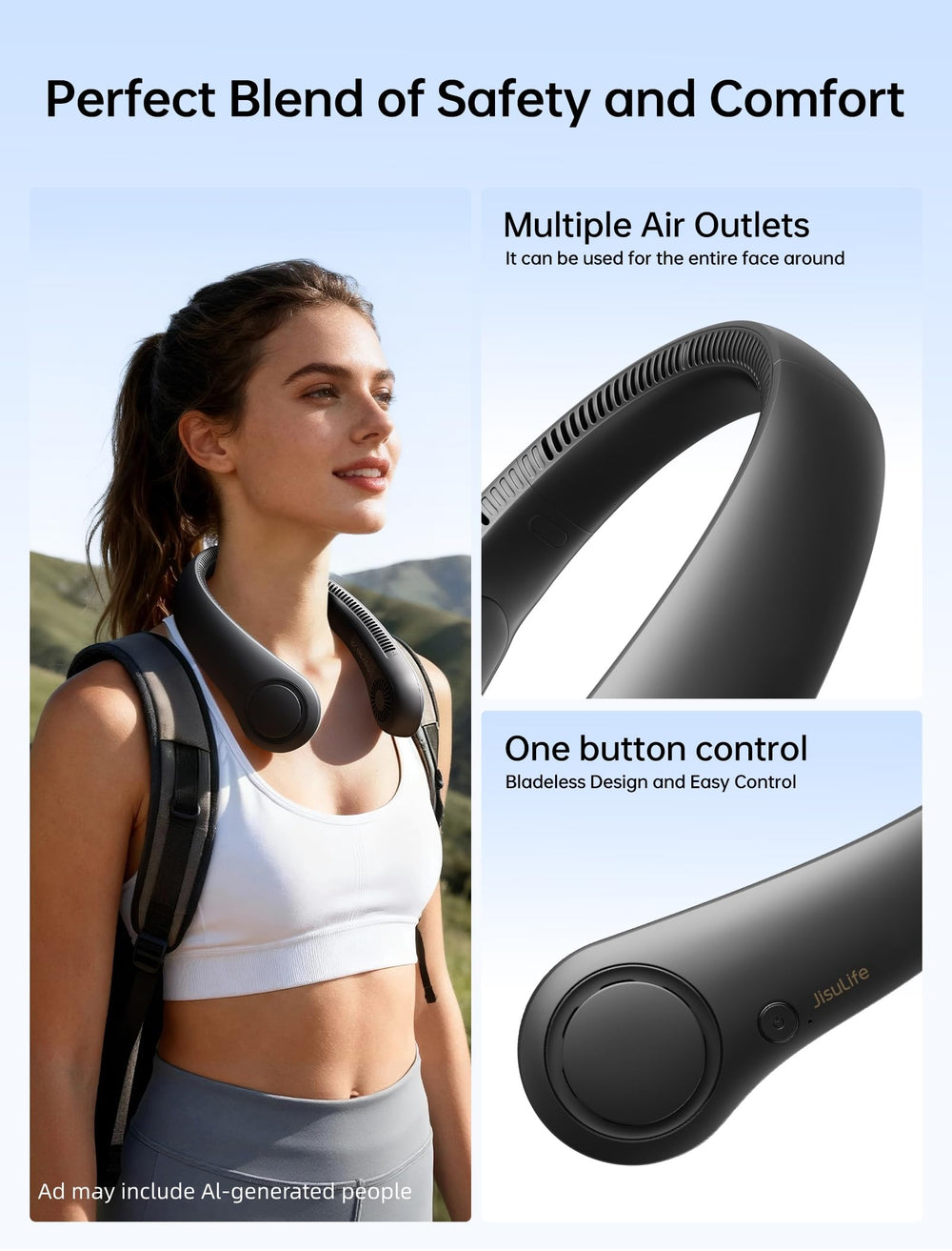 JISULIFE persona colocándose el ventilador, manos libres y práctico