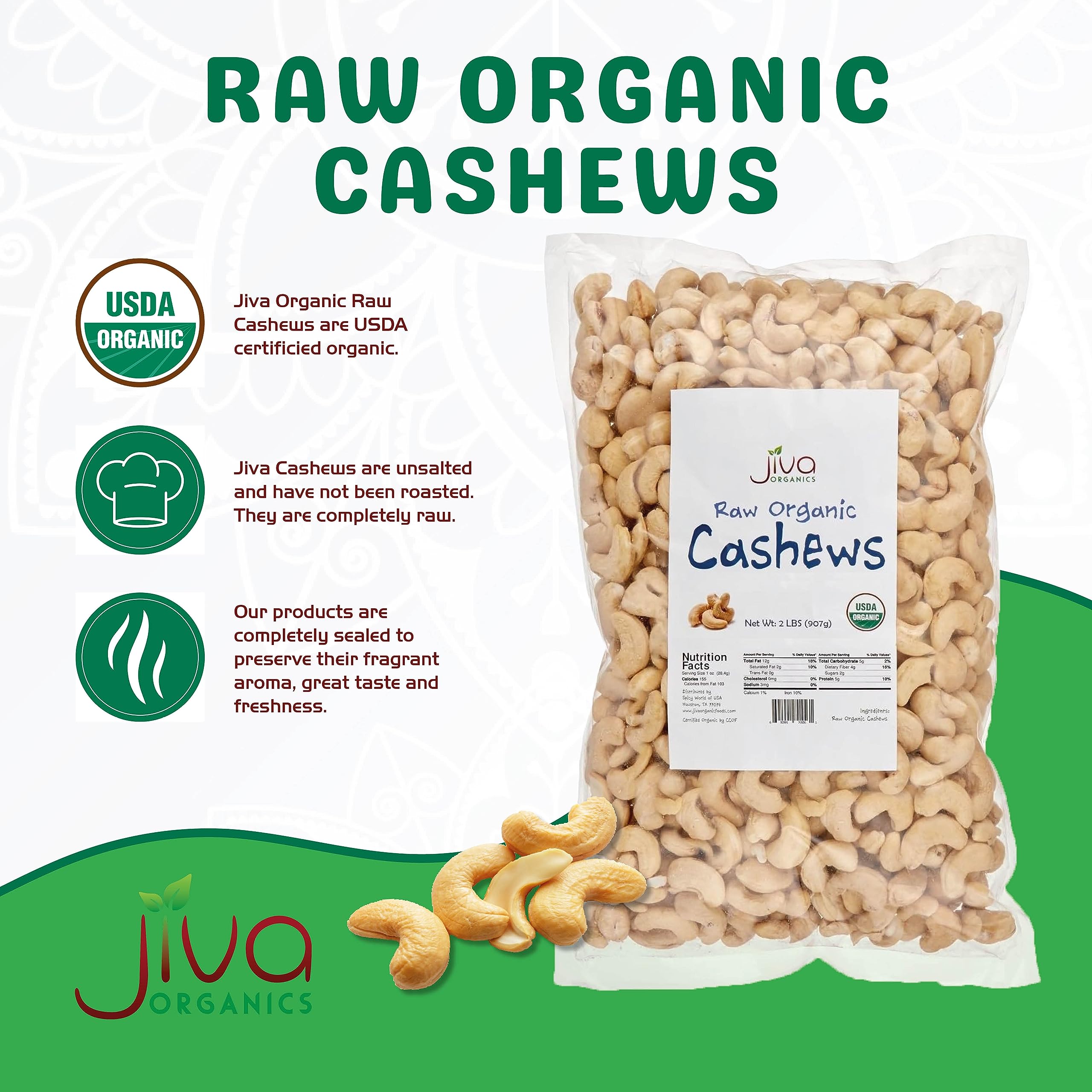 Jiva Organics anacardos en taza medidora listos para recetas y leches