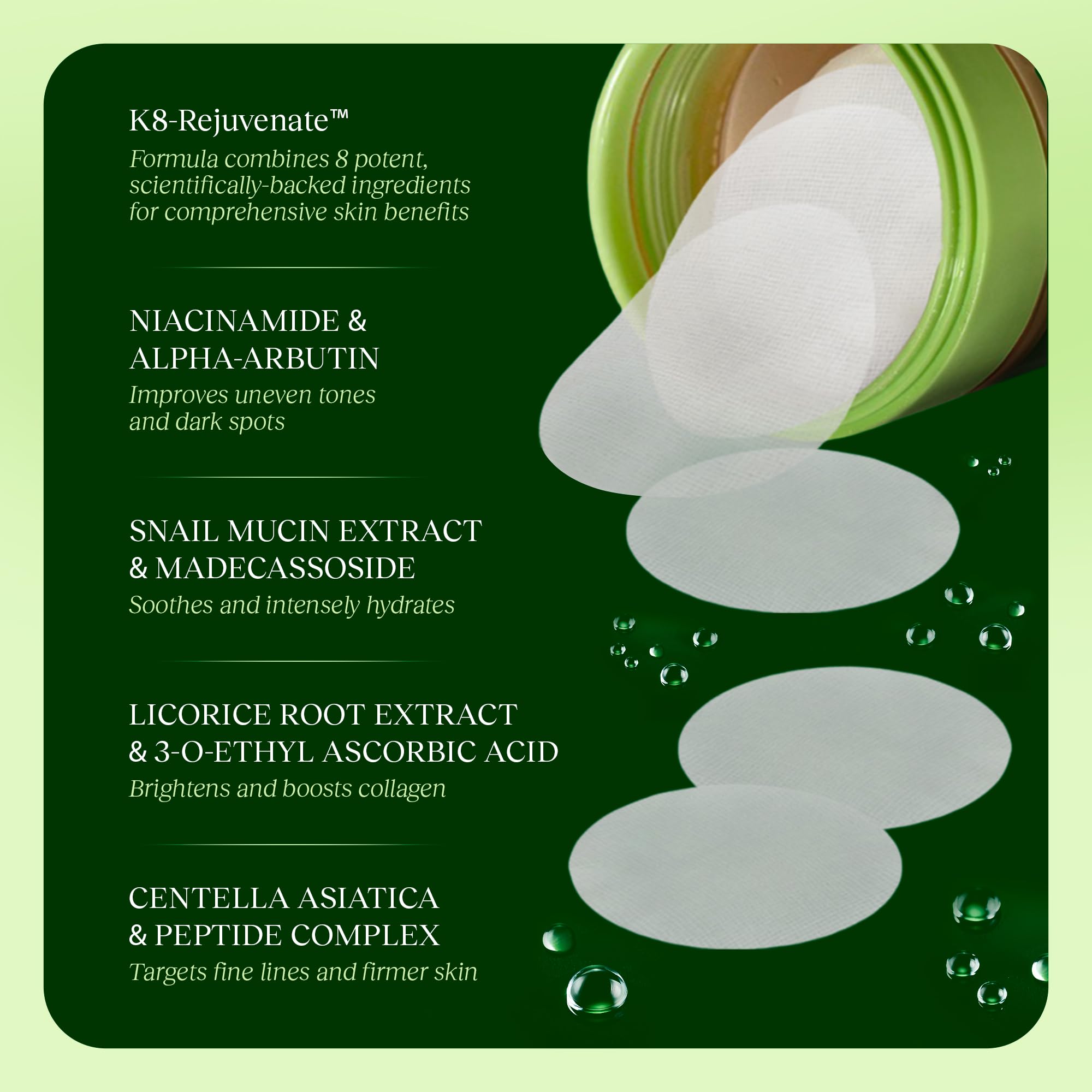 Ilustración de ingredientes JIYU como mucina, niacinamida y centella para luminosidad